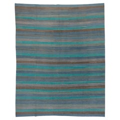 Zeitgenössischer gestreifter Flachgewebe-Teppich, blau, helles Meeresgrün und braun