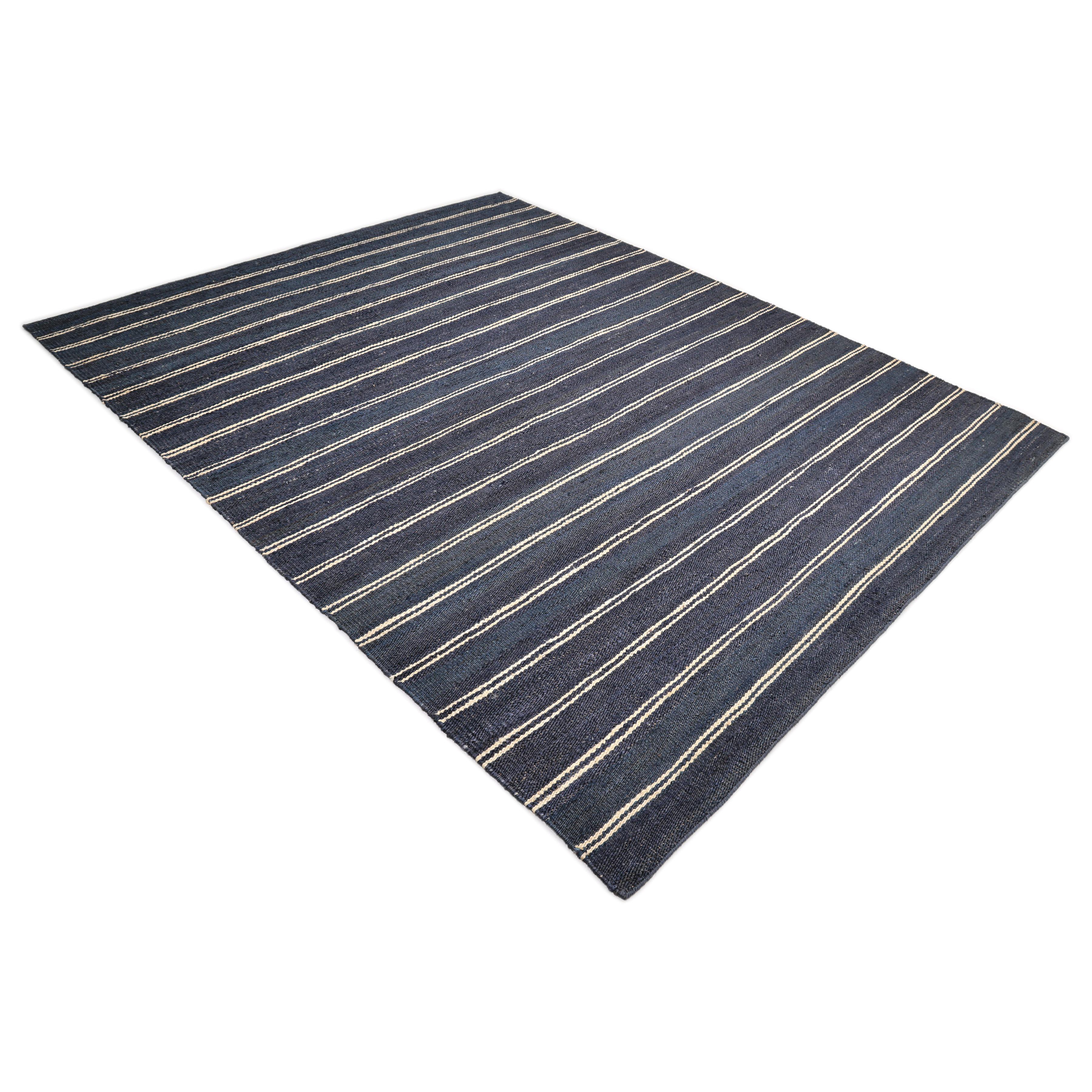 Contemporary Striped Hand Made Blue Area Rug 3 x 5 For Sale 3