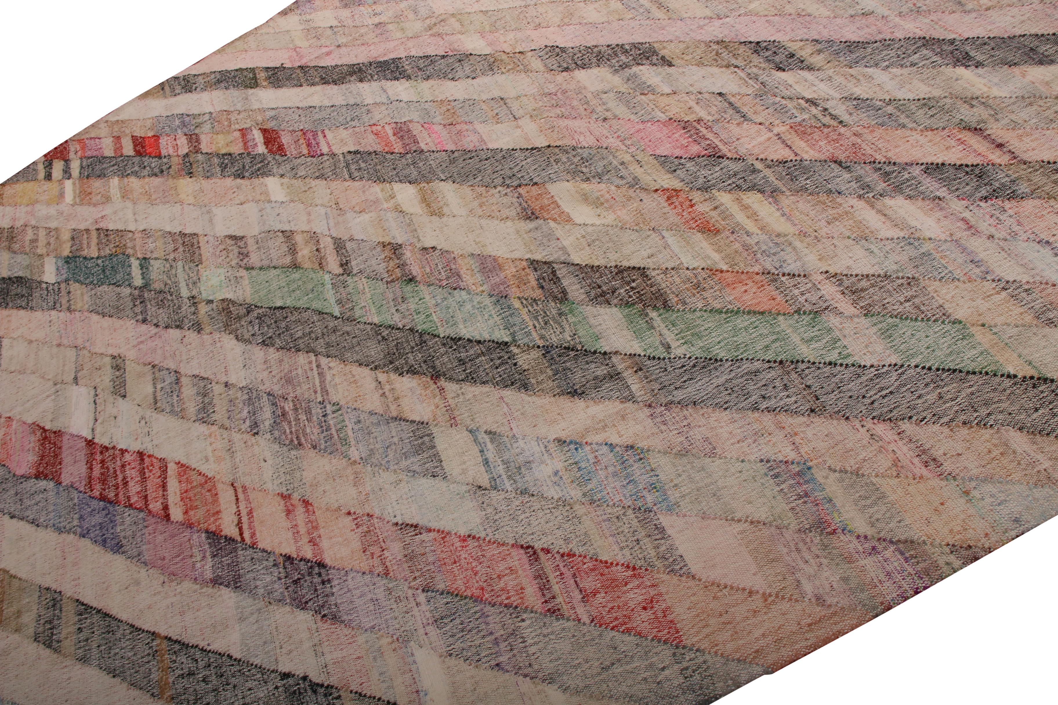 Turkish Contemporary Striped Kilim Wool Beige Brown Pink Multi-Color Geometric Pattern