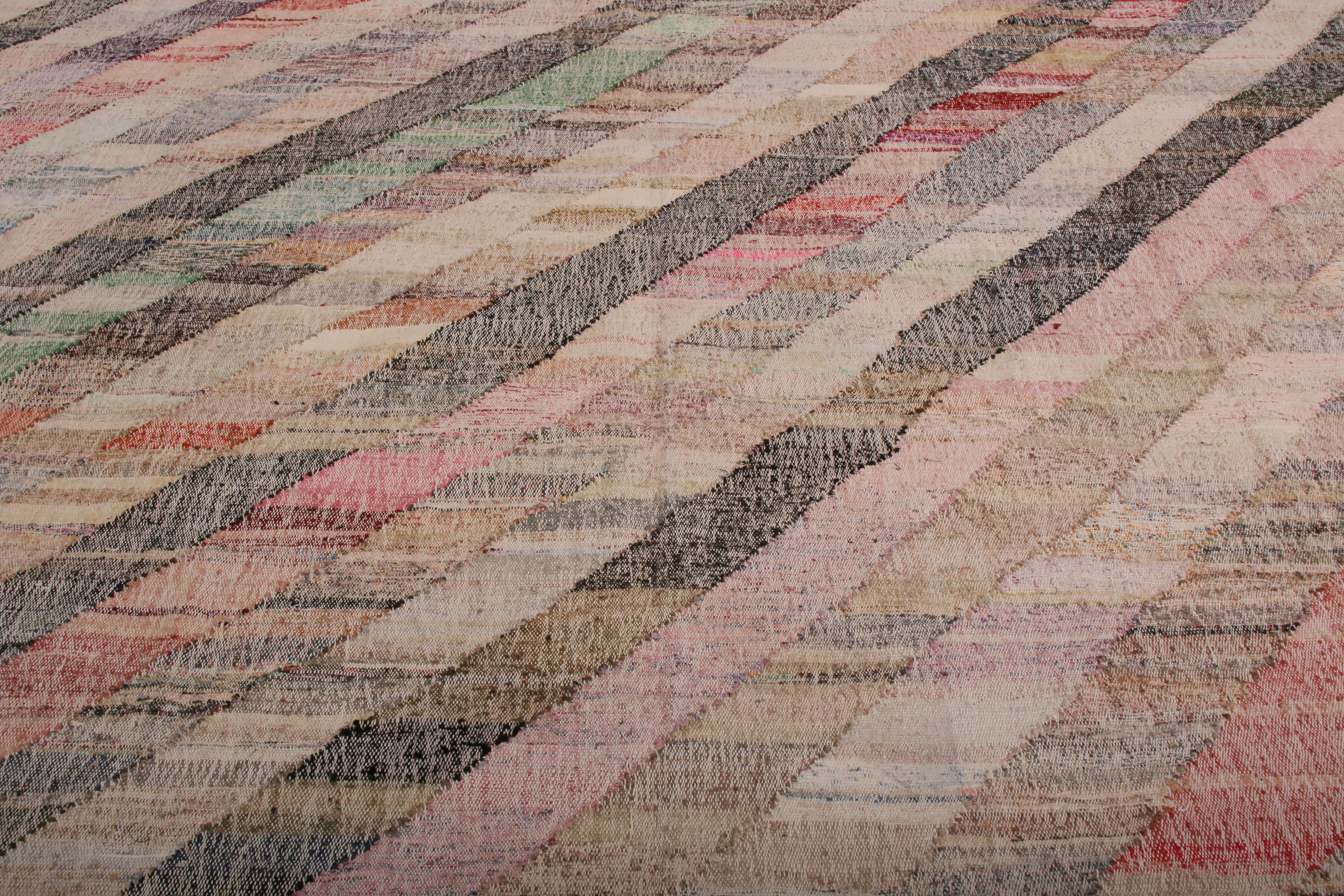 Hand-Woven Contemporary Striped Kilim Wool Beige Brown Pink Multi-Color Geometric Pattern