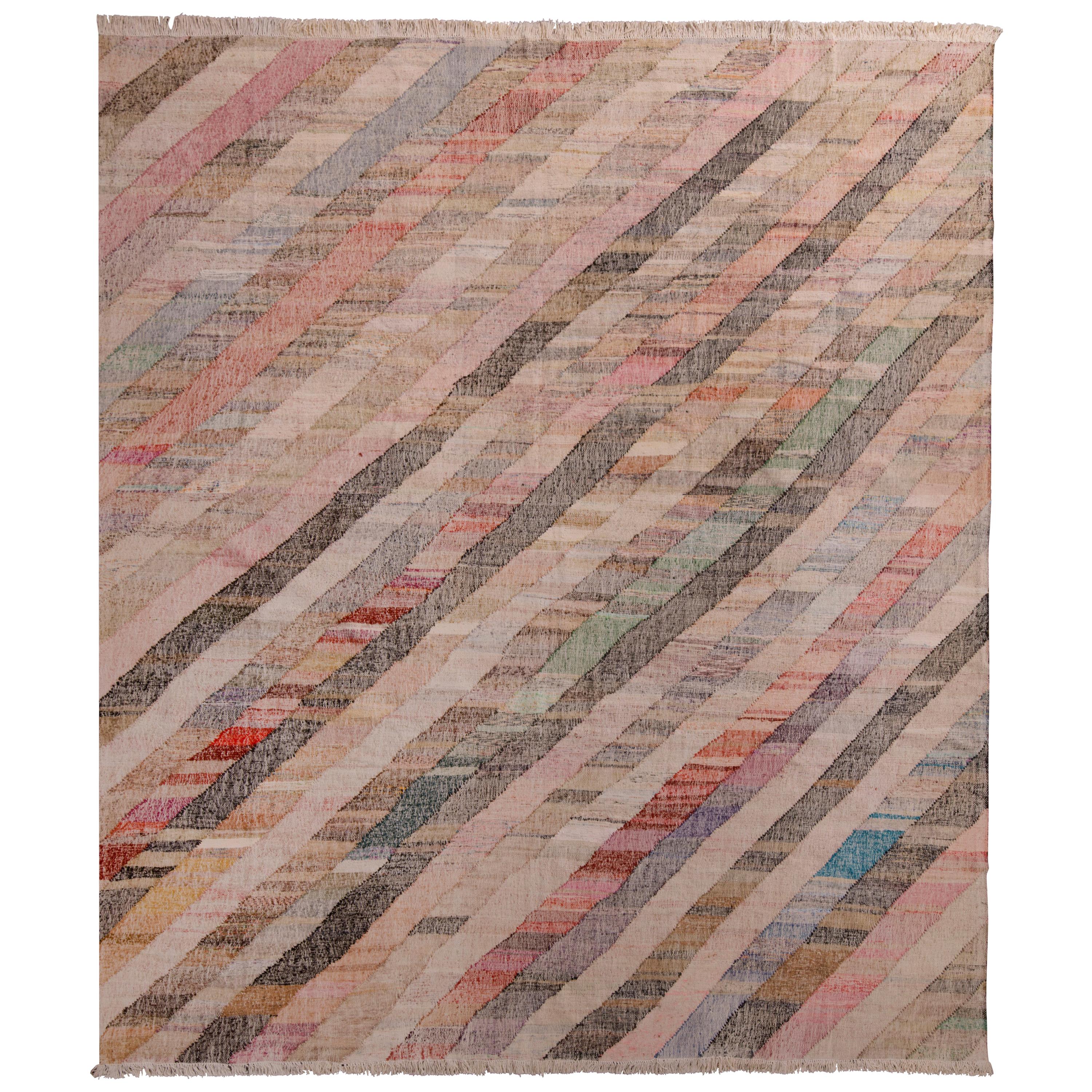 Contemporary Striped Kilim Wool Beige Brown Pink Multi-Color Geometric Pattern