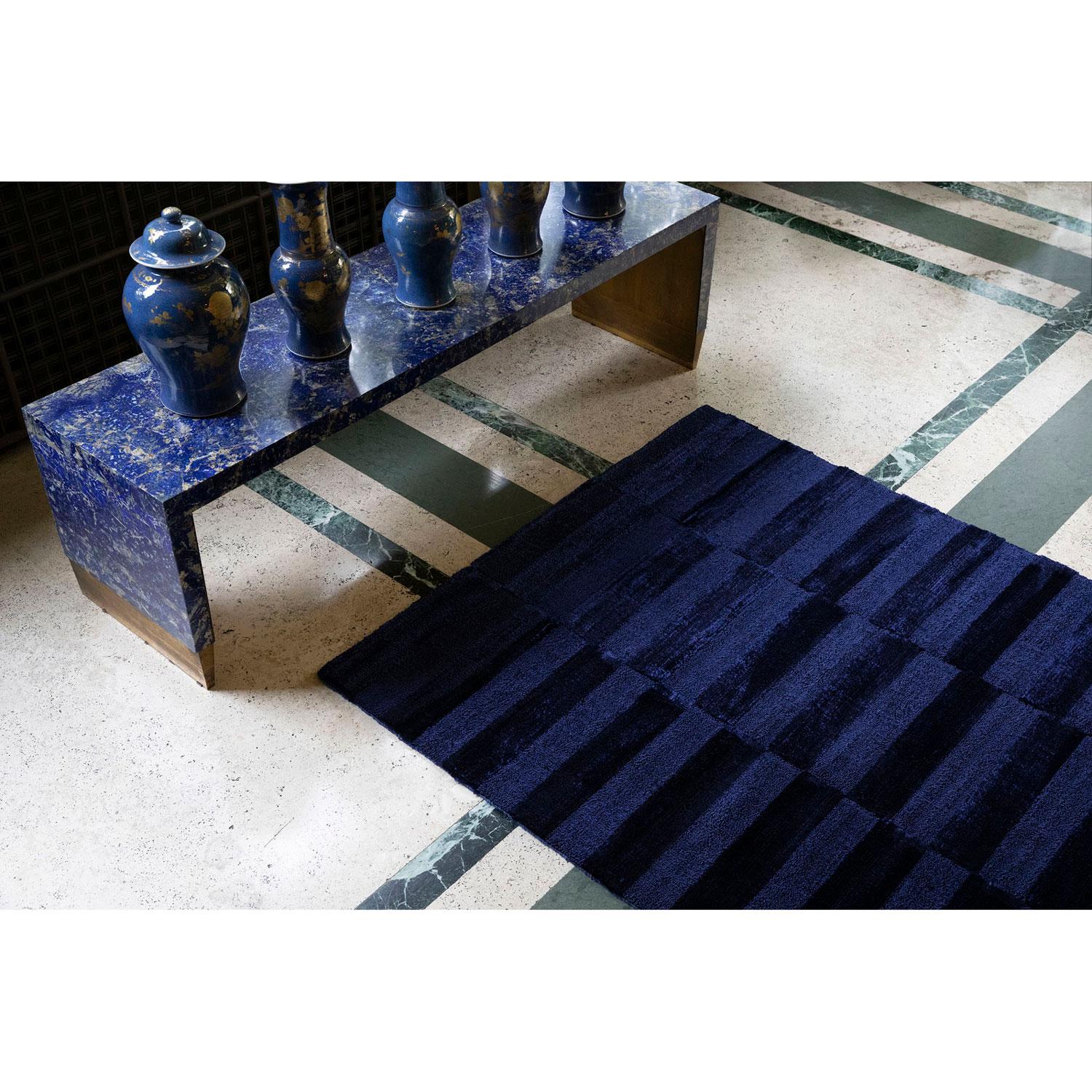 Modern Contemporary Striped Luxury Shiny Velvety Blue Rug by Deanna Comellini 150x300cm For Sale
