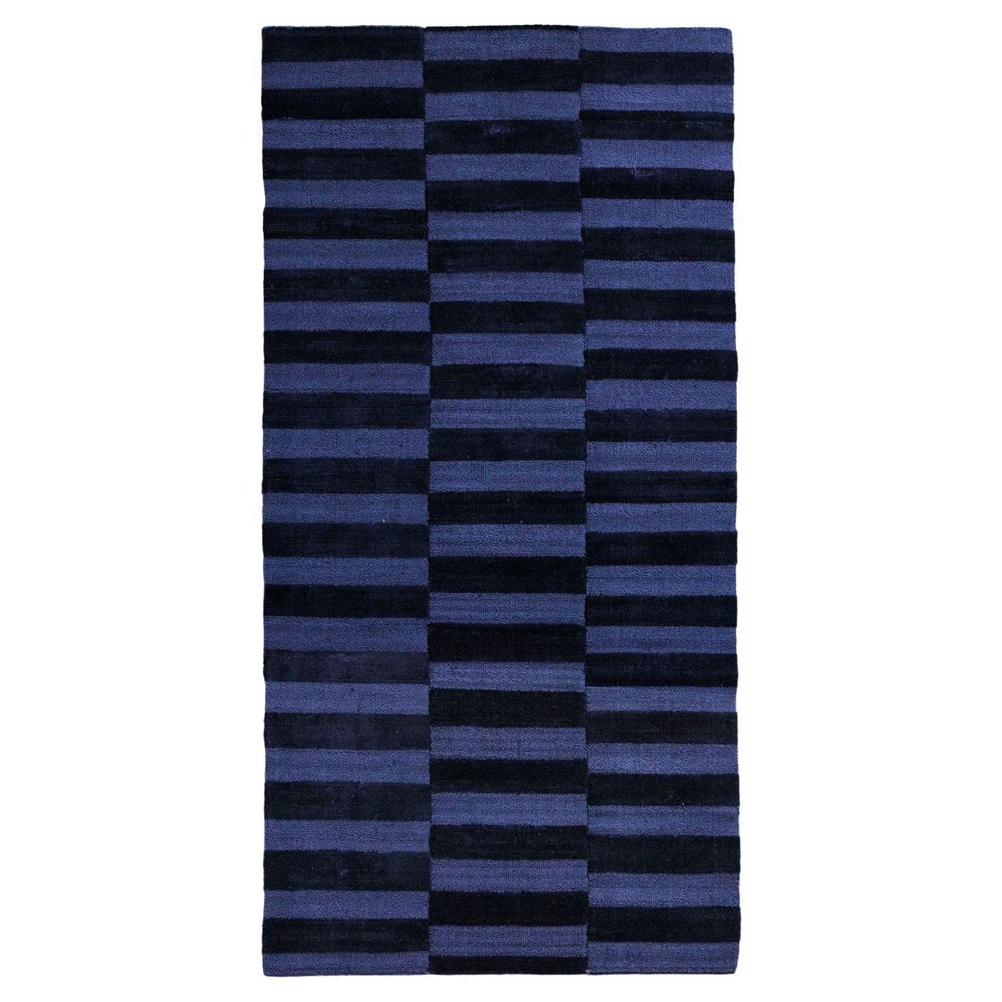 Contemporary Striped Luxury Shiny Velvety Blue Rug by Deanna Comellini 150x300cm