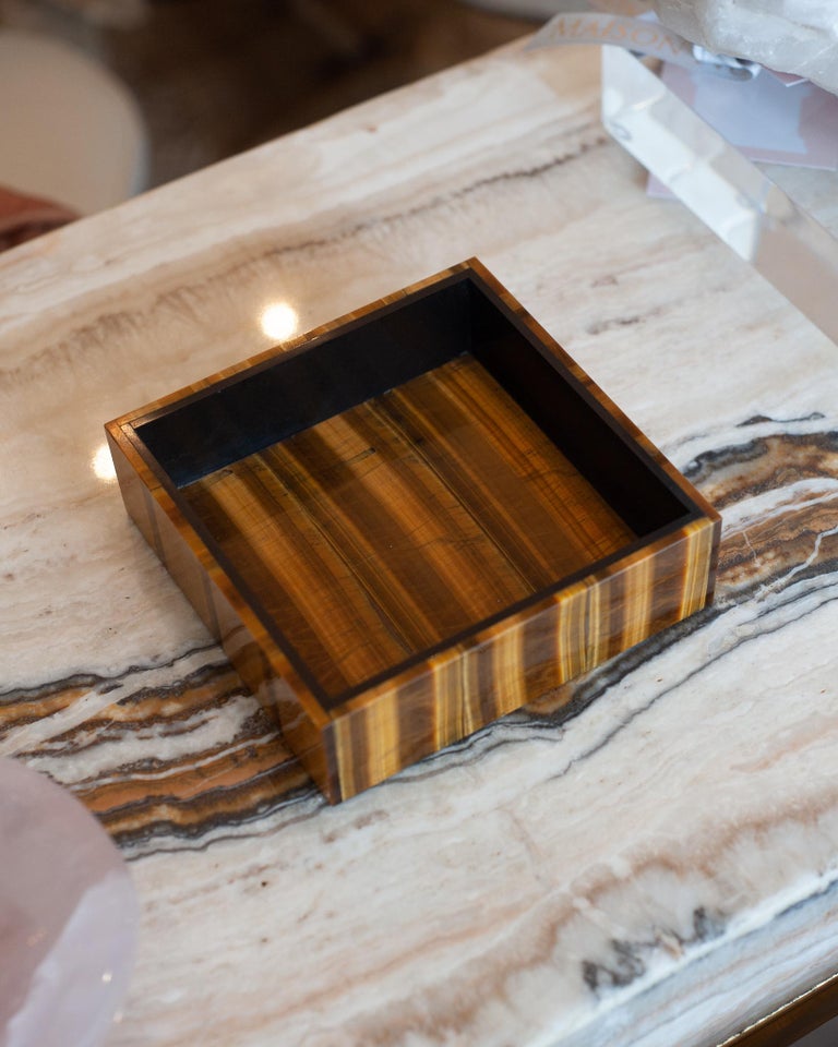 Contemporary Striped Tiger's Eye and Black Marble Vanity Tray For Sale