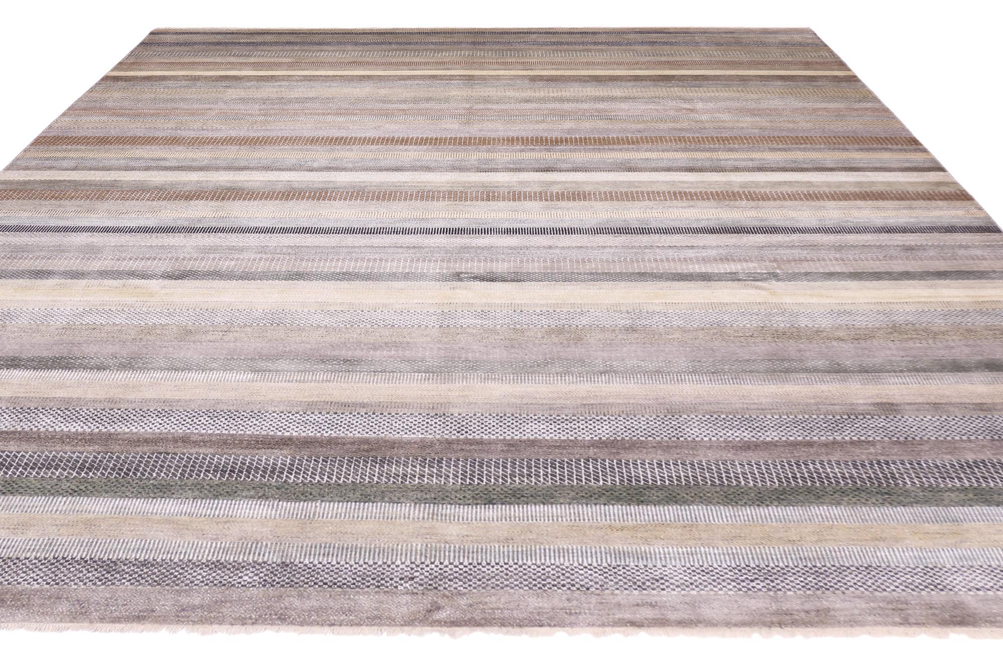 30013 New Transitional Striped Area Rug, 09'10 x 14'01. Transitional Indian wool and silk rugs are exquisite handcrafted carpets that blend traditional Indian weaving techniques with contemporary design elements. These rugs typically feature a