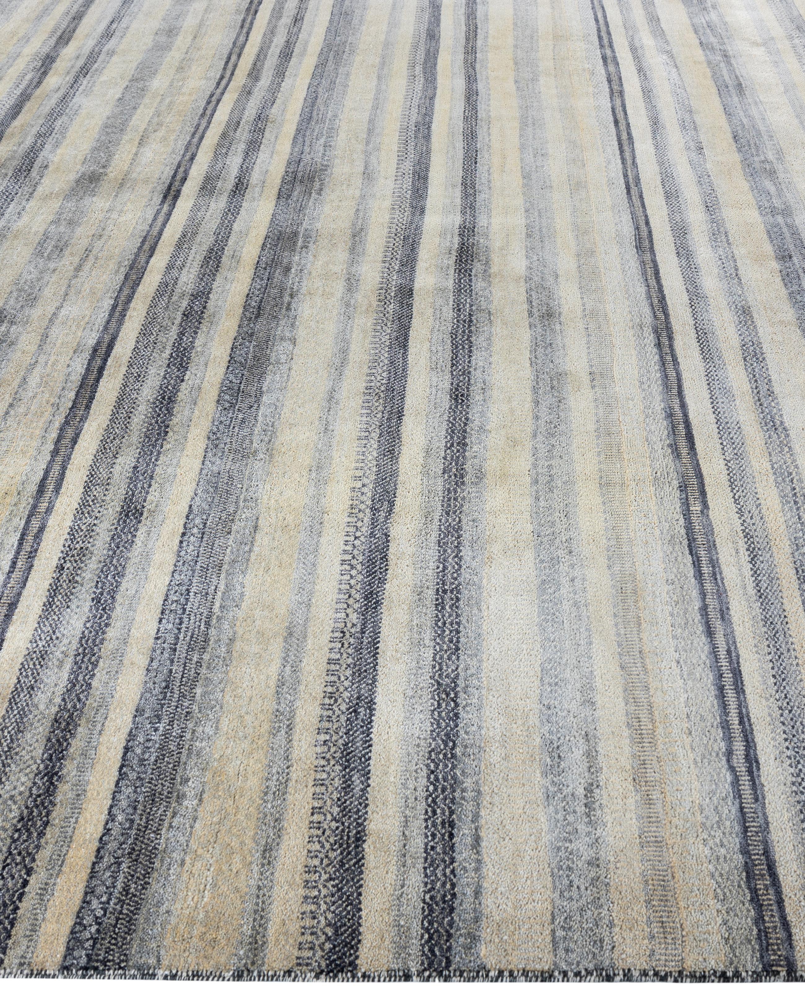 Alfombra de rayas contemporánea de lana anudada a mano en beige 9' 0