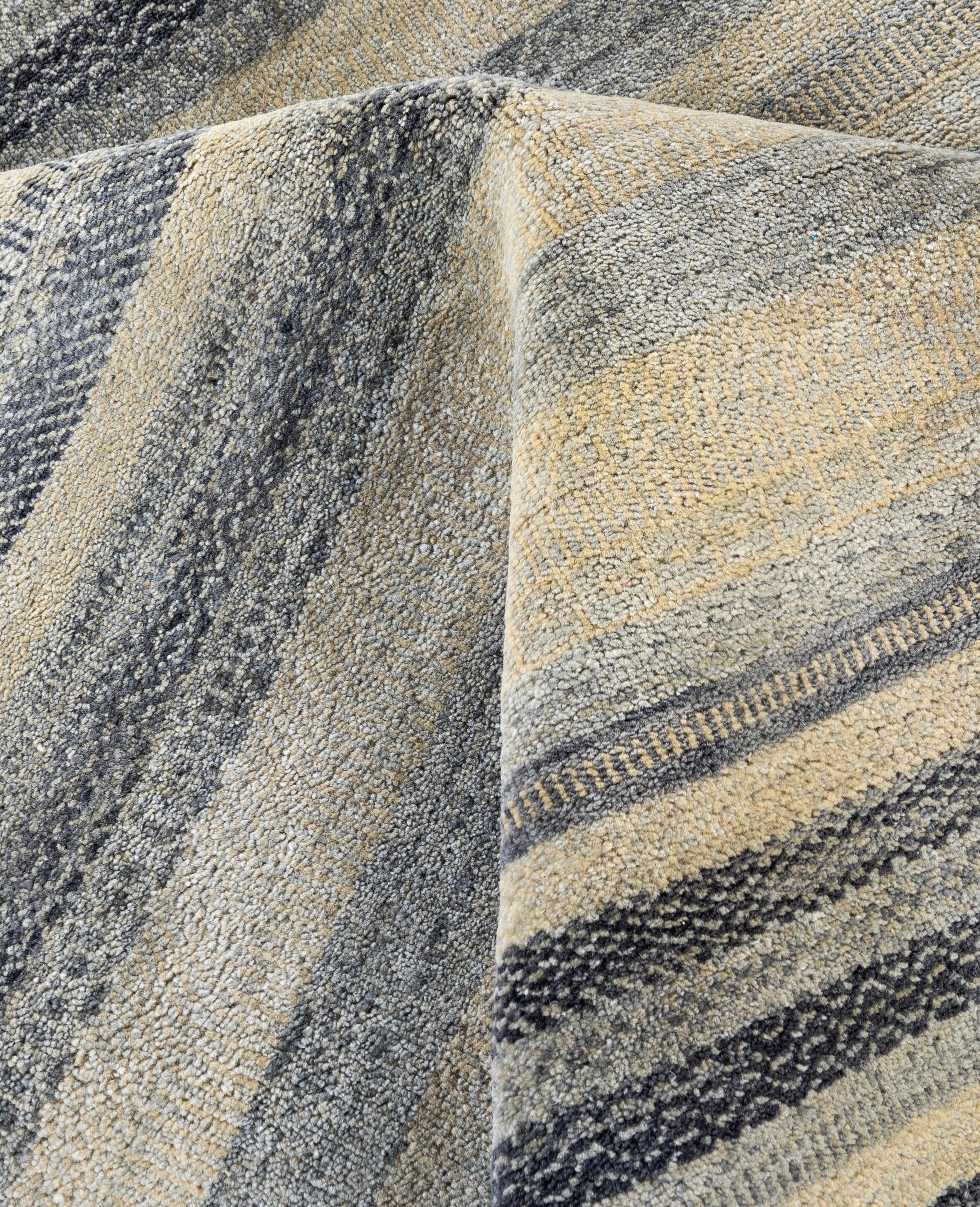 Alfombra de rayas contemporánea de lana anudada a mano en beige 9' 0