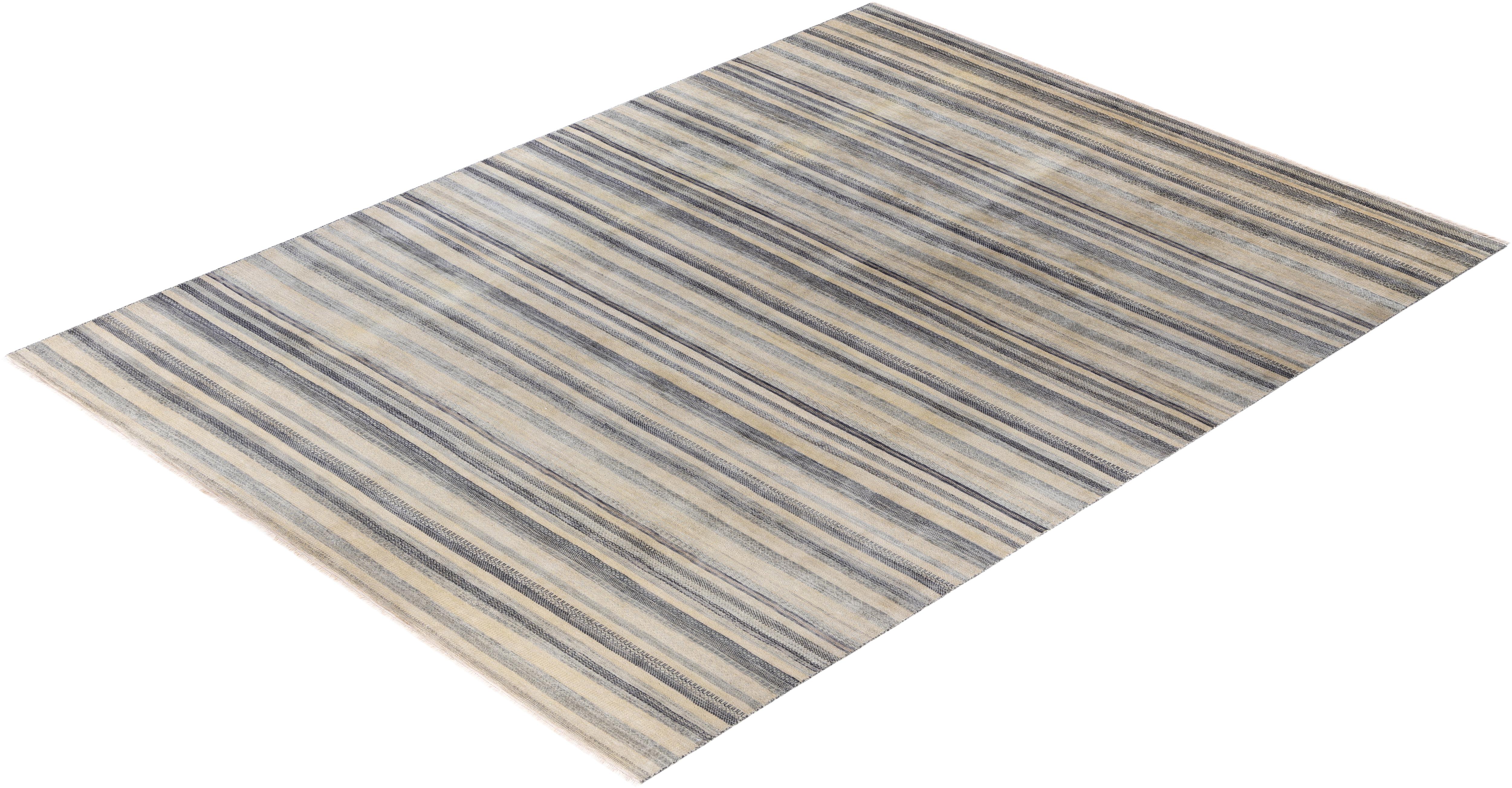 Alfombra de rayas contemporánea de lana anudada a mano en beige 9' 0