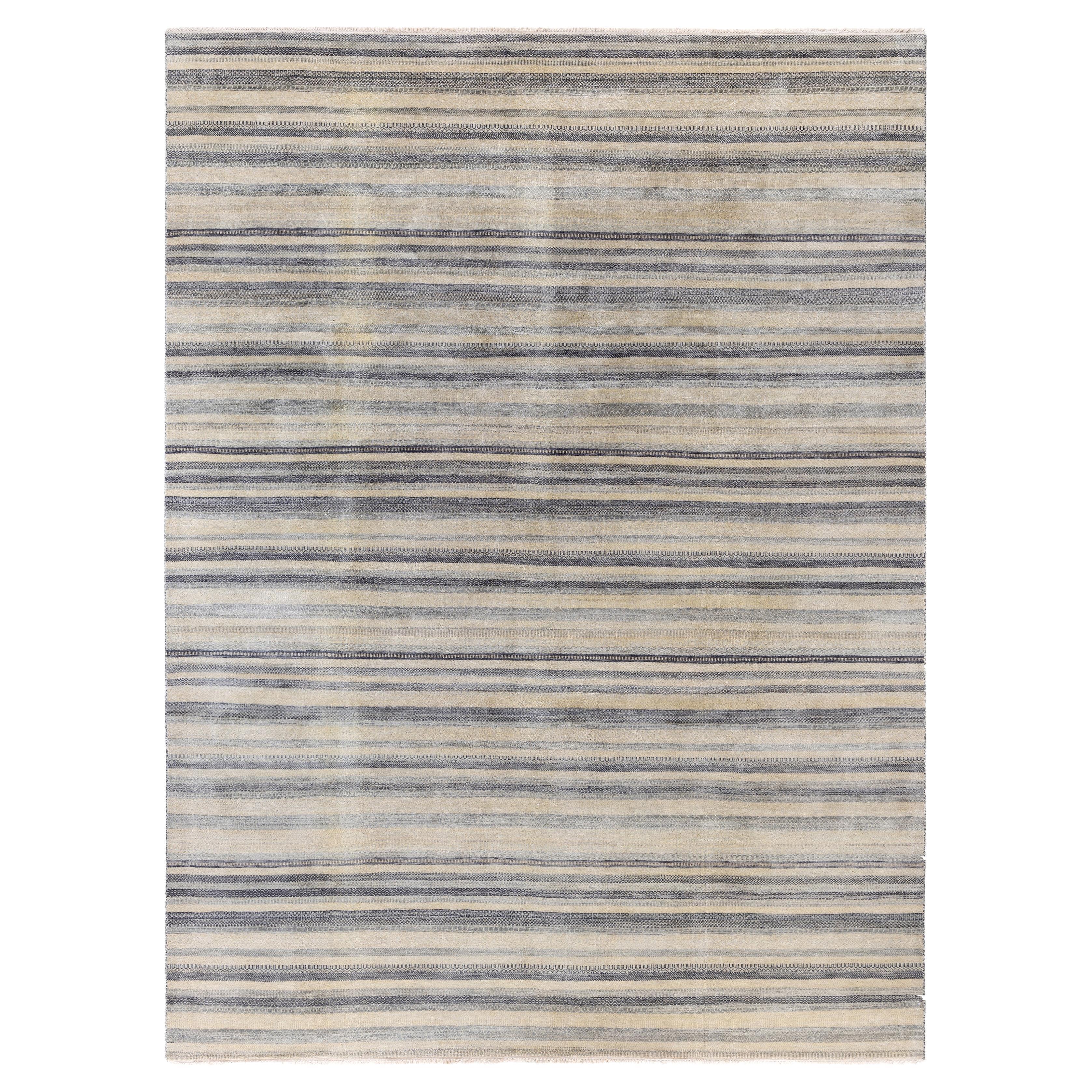 Contemporary Striped Wool Hand Knotted Beige Area Rug 9' 0" x 12' 4"