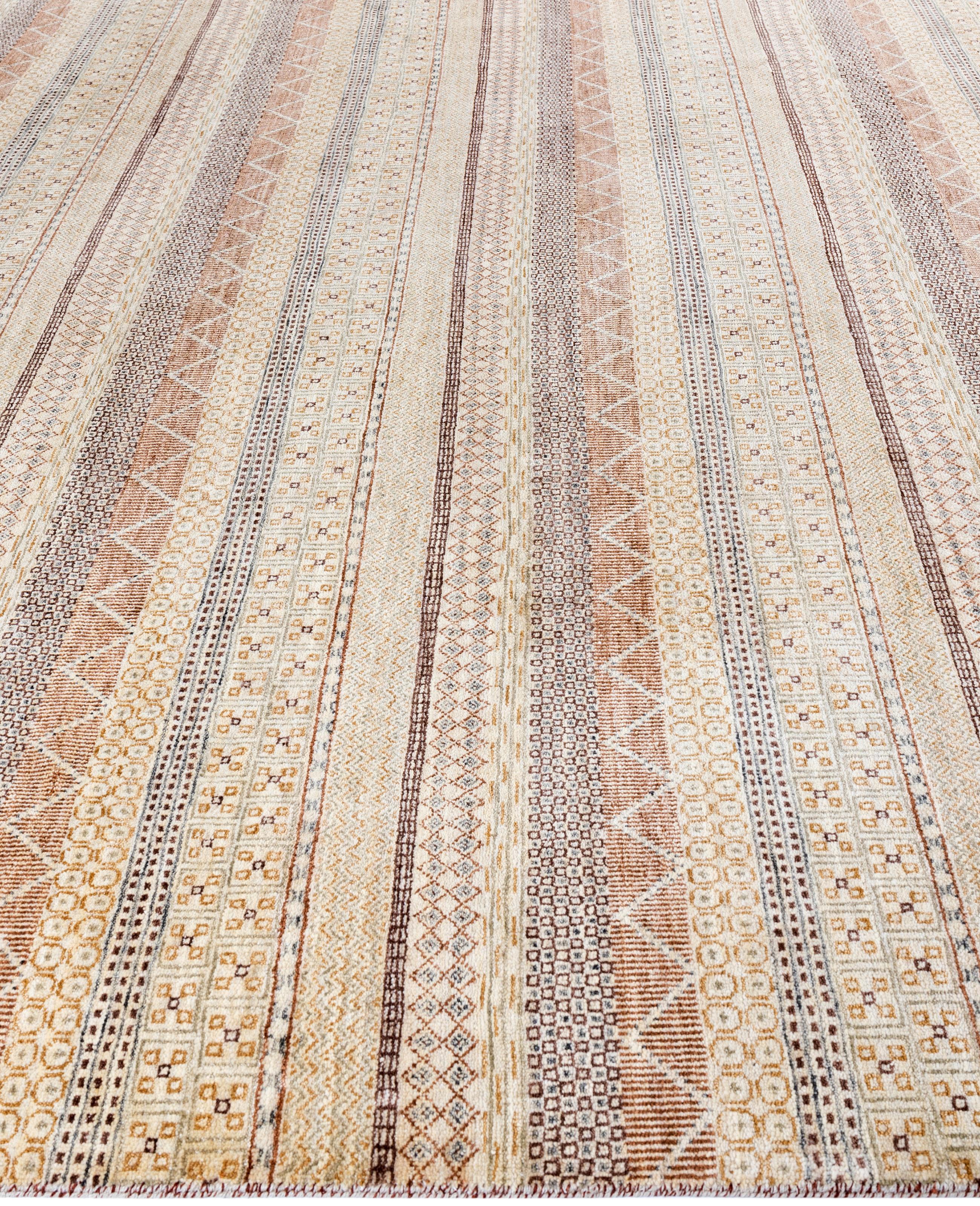 Noué à la main Contemporary Striped Wool Hand Knotted Beige Area Rug 9' 2