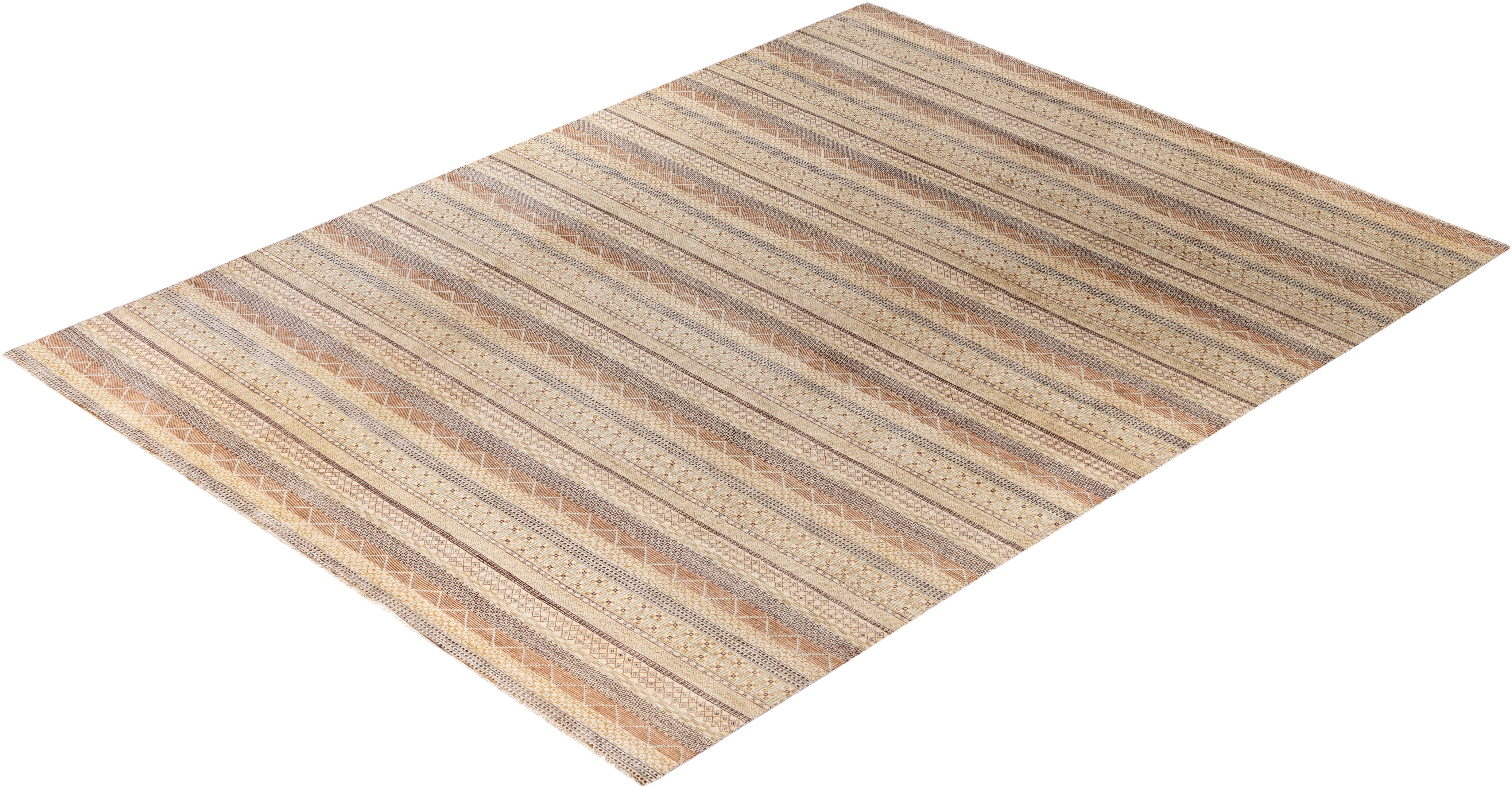 Contemporary Striped Wool Hand Knotted Beige Area Rug 9' 2