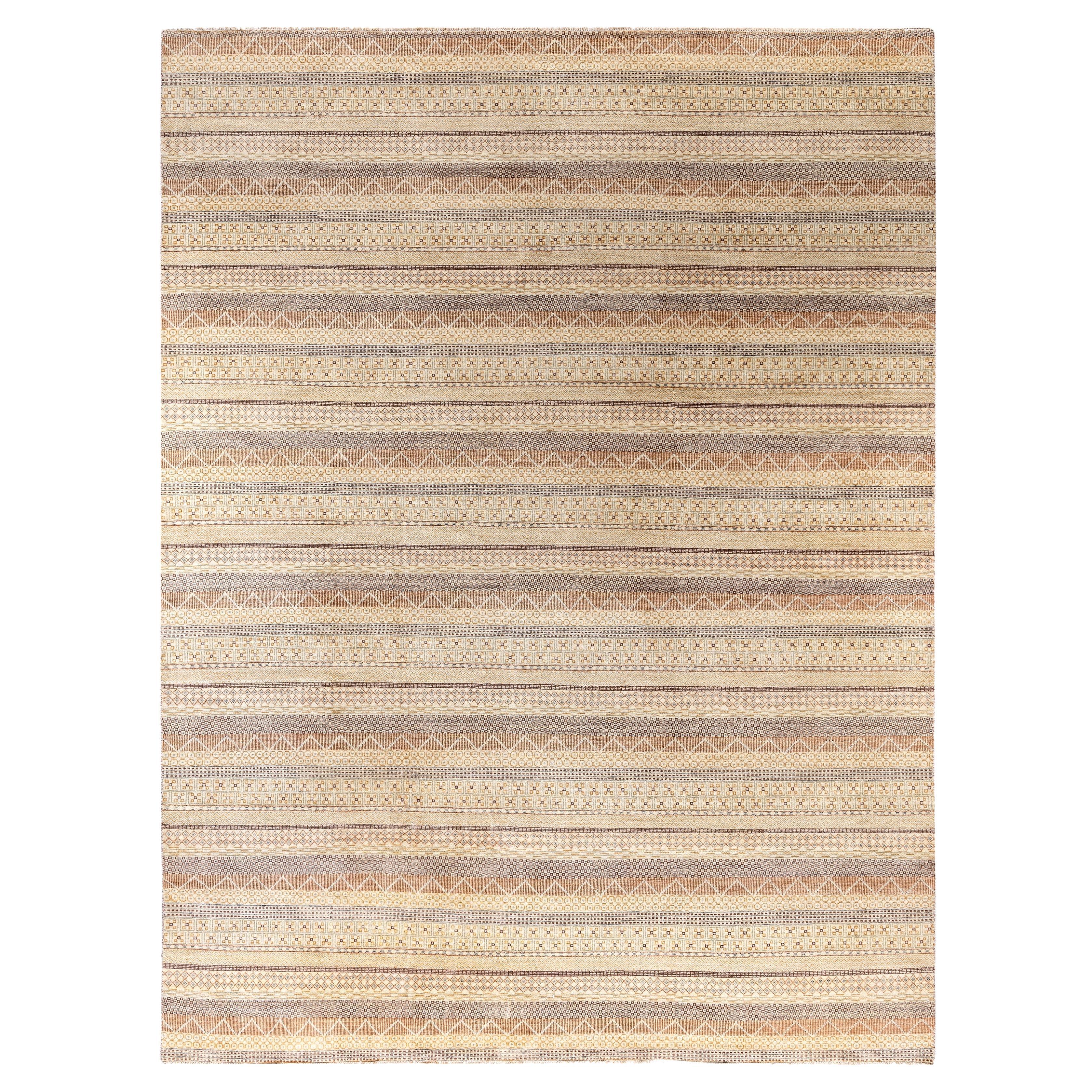 Contemporary Striped Wool Hand Knotted Beige Area Rug 9' 2" x 12' 3"