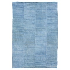 Tapis Contemporary Striped Wool kilim Flatweave, bleu 