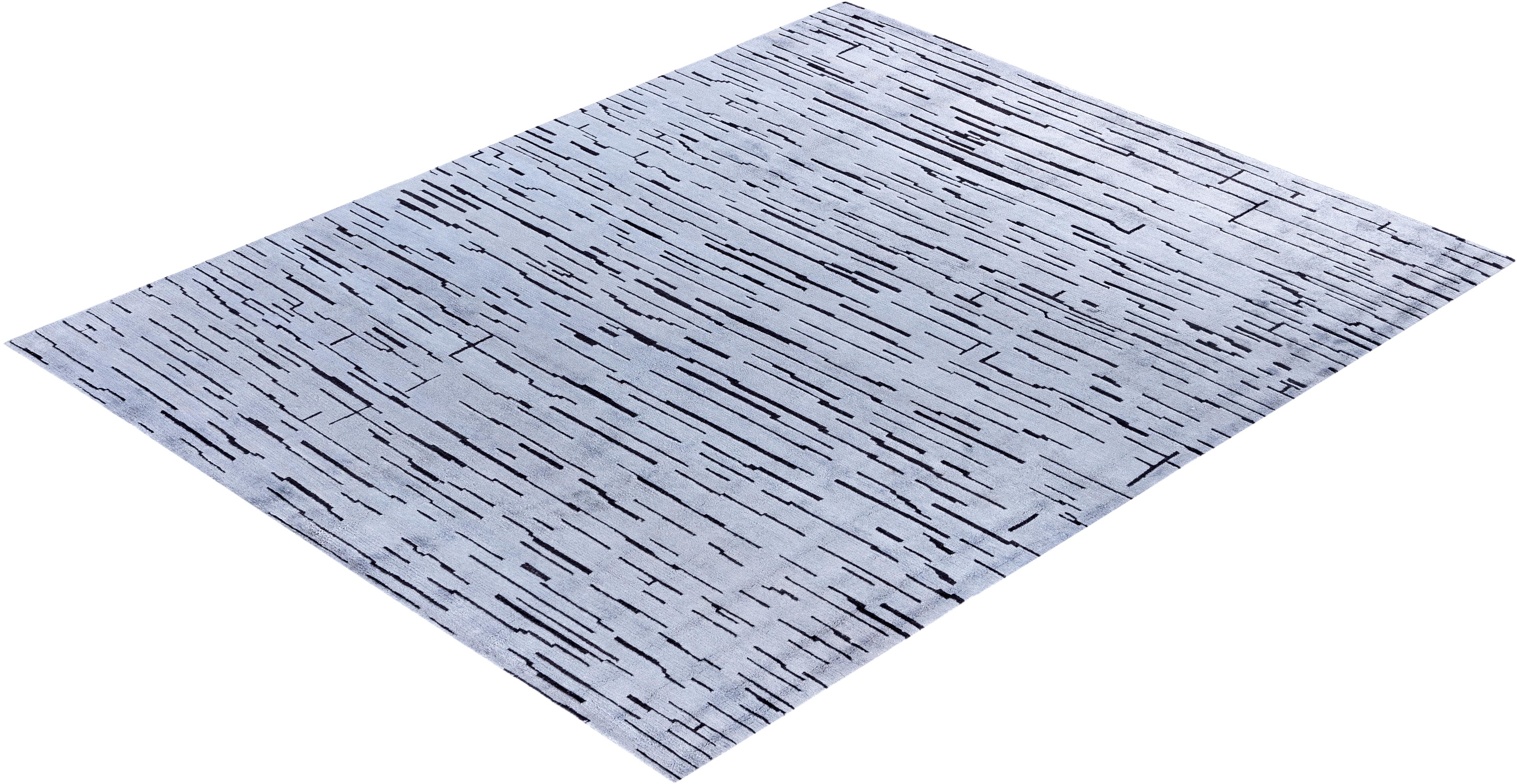 Tappeto contemporaneo a righe in lana e seta annodato a mano di colore beige 8' 1