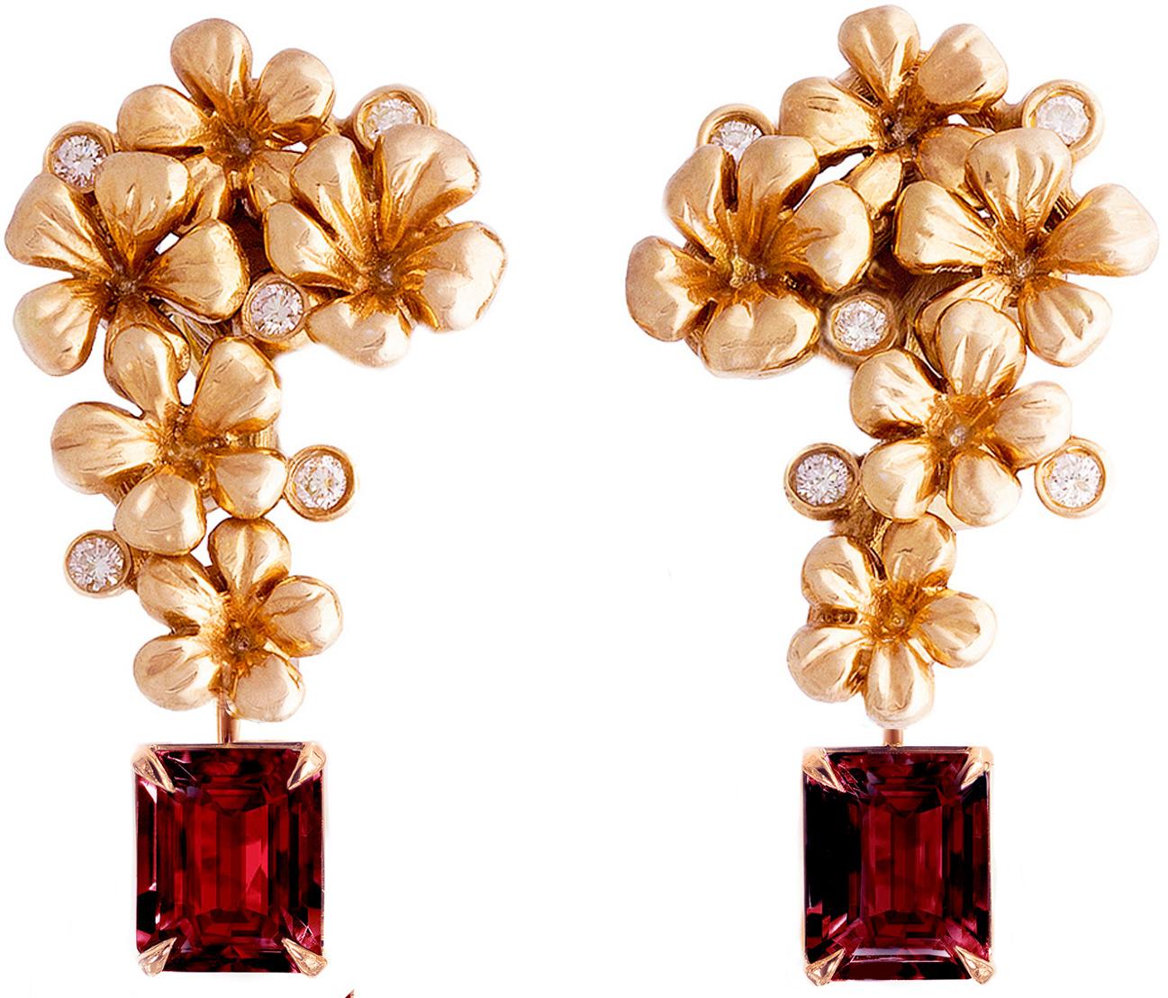 These modern style 18 karat rose gold cocktail stud earrings are encrusted with 10 round diamonds and detachable rubies, 1.4 carats in total, each measuring 0.26 x 0.16 inches. This jewellery collection was featured in Vogue UA review in