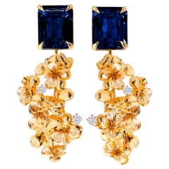 Eighteen Karat Yellow Gold Stud Earrings with Diamonds and Sapphires