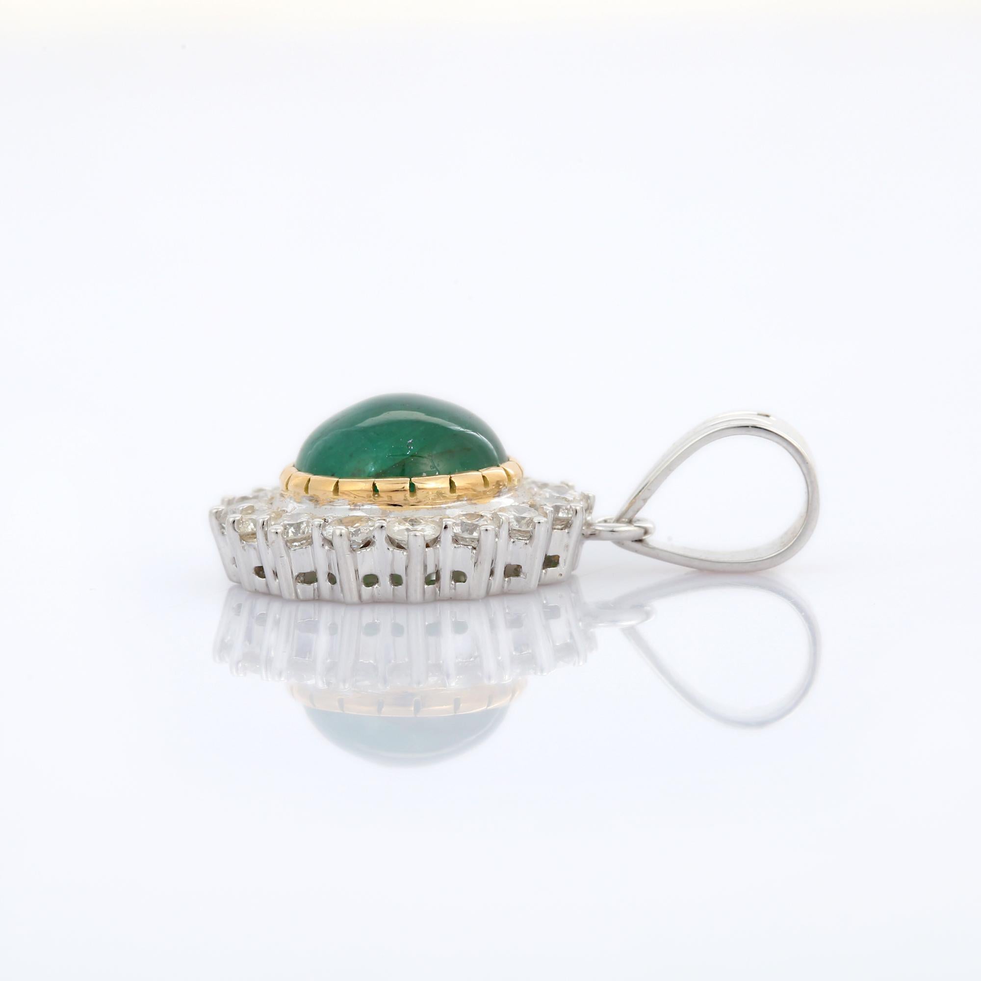 Natural Emerald pendant in 18K Gold. It has a round cut emerald studded with diamonds that completes your look with a decent touch. Pendants are used to wear or gifted to represent love and promises. It's an attractive jewelry piece that goes with