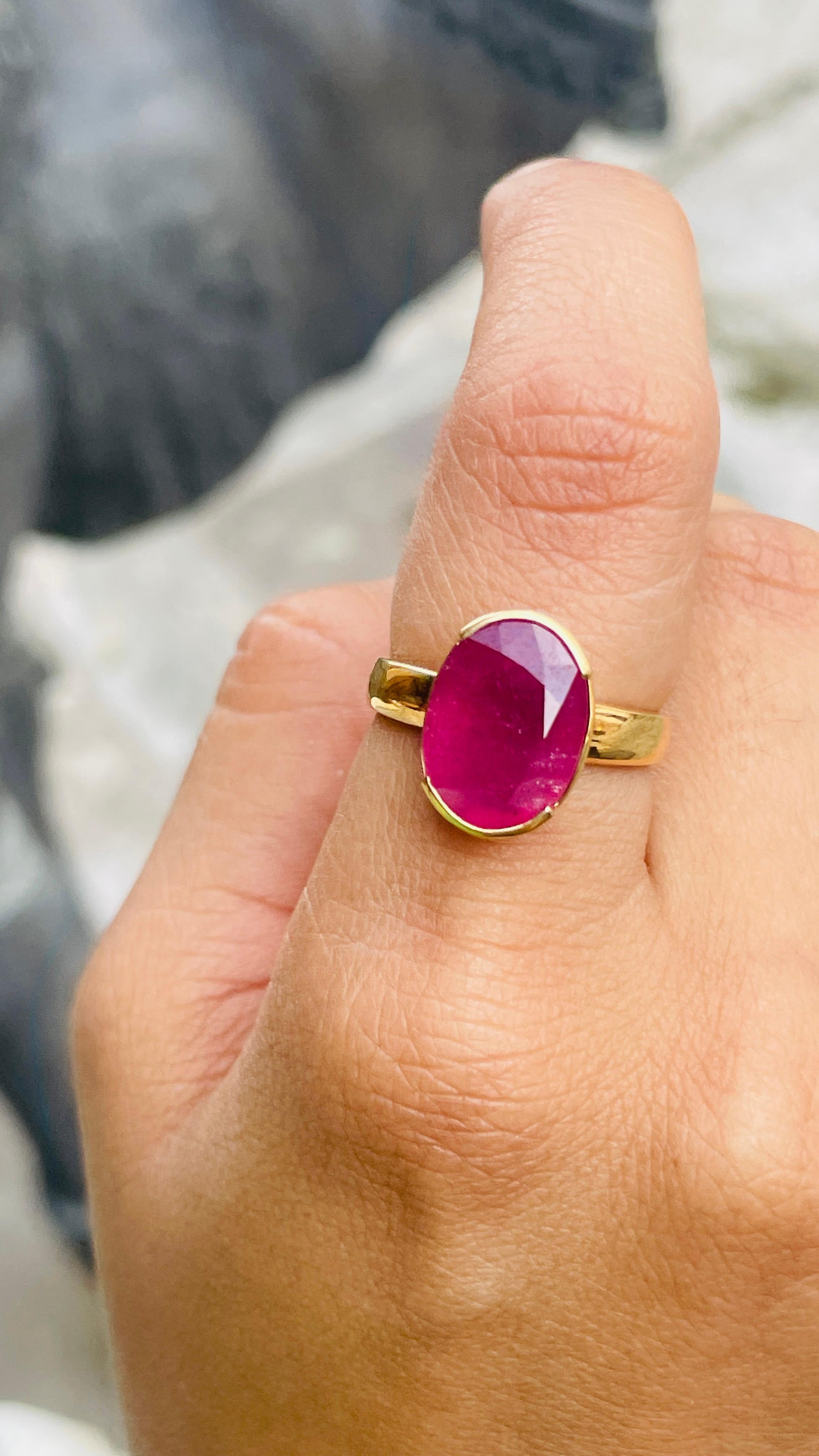 For Sale:  Contemporary Style 3.59 Carat Ruby Oval Cut Cocktail Ring in 14K Yellow Gold   8