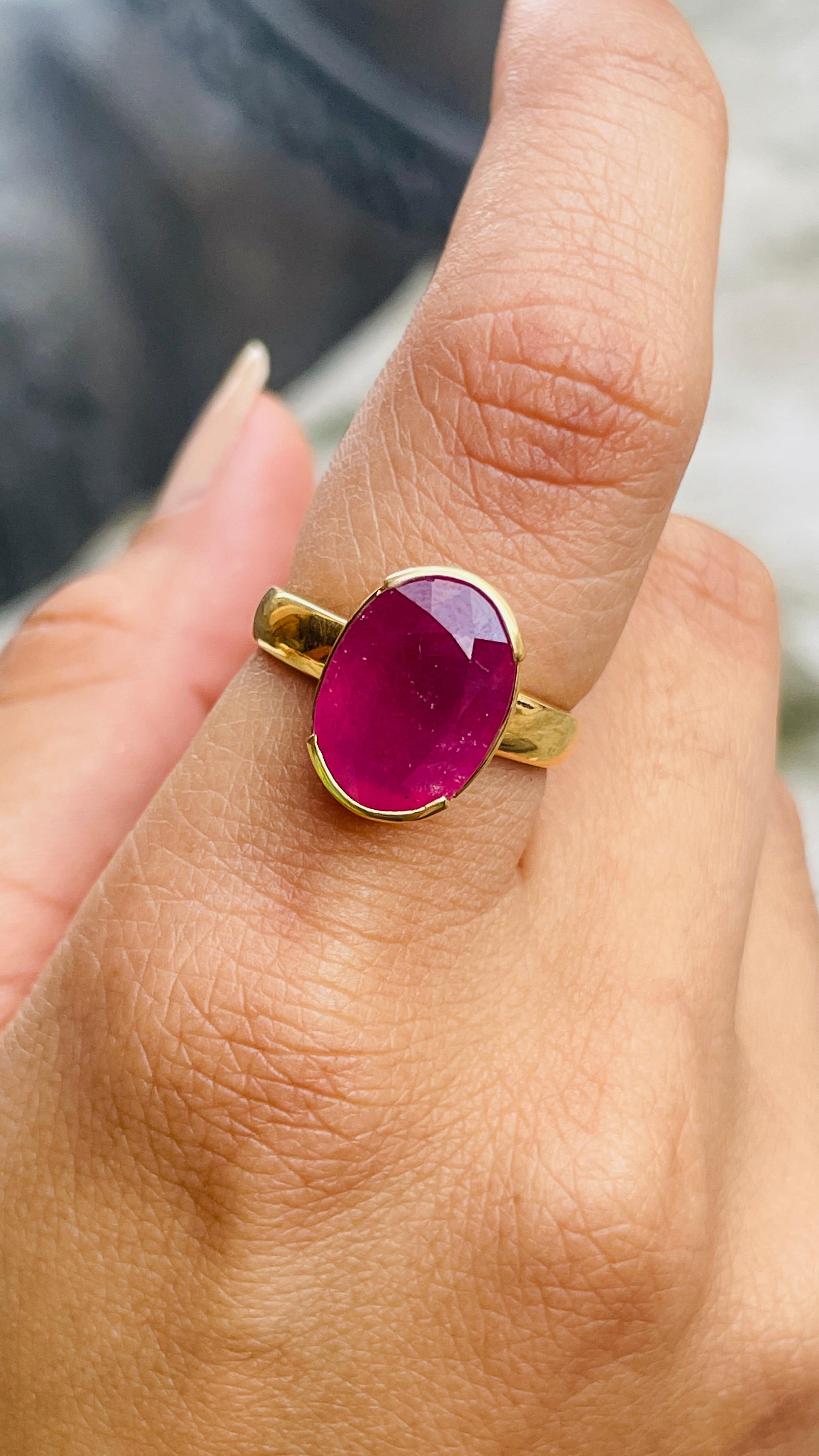 For Sale:  Contemporary Style 3.59 Carat Ruby Oval Cut Cocktail Ring in 14K Yellow Gold   3