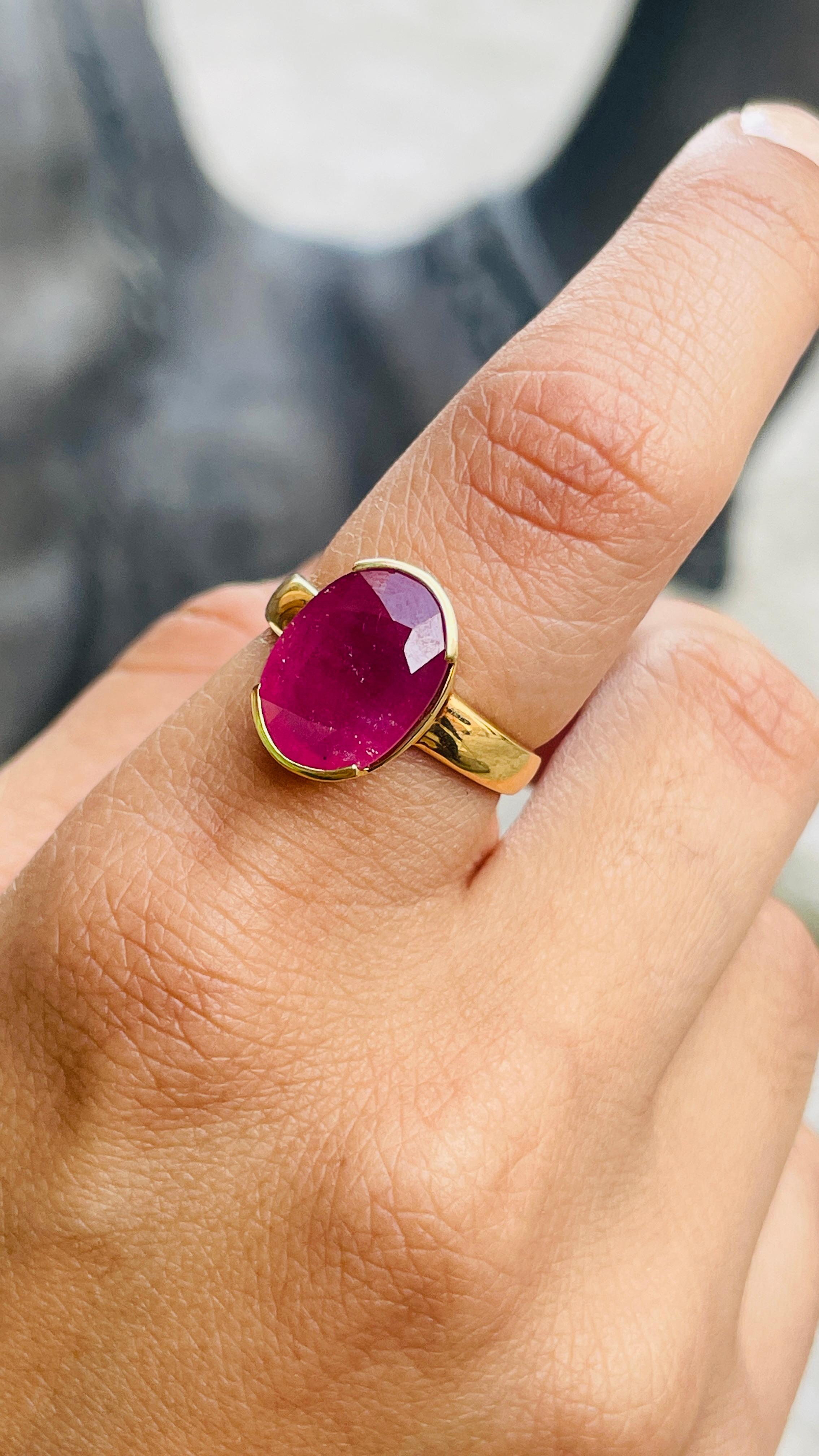 For Sale:  Contemporary Style 3.59 Carat Ruby Oval Cut Cocktail Ring in 14K Yellow Gold   10