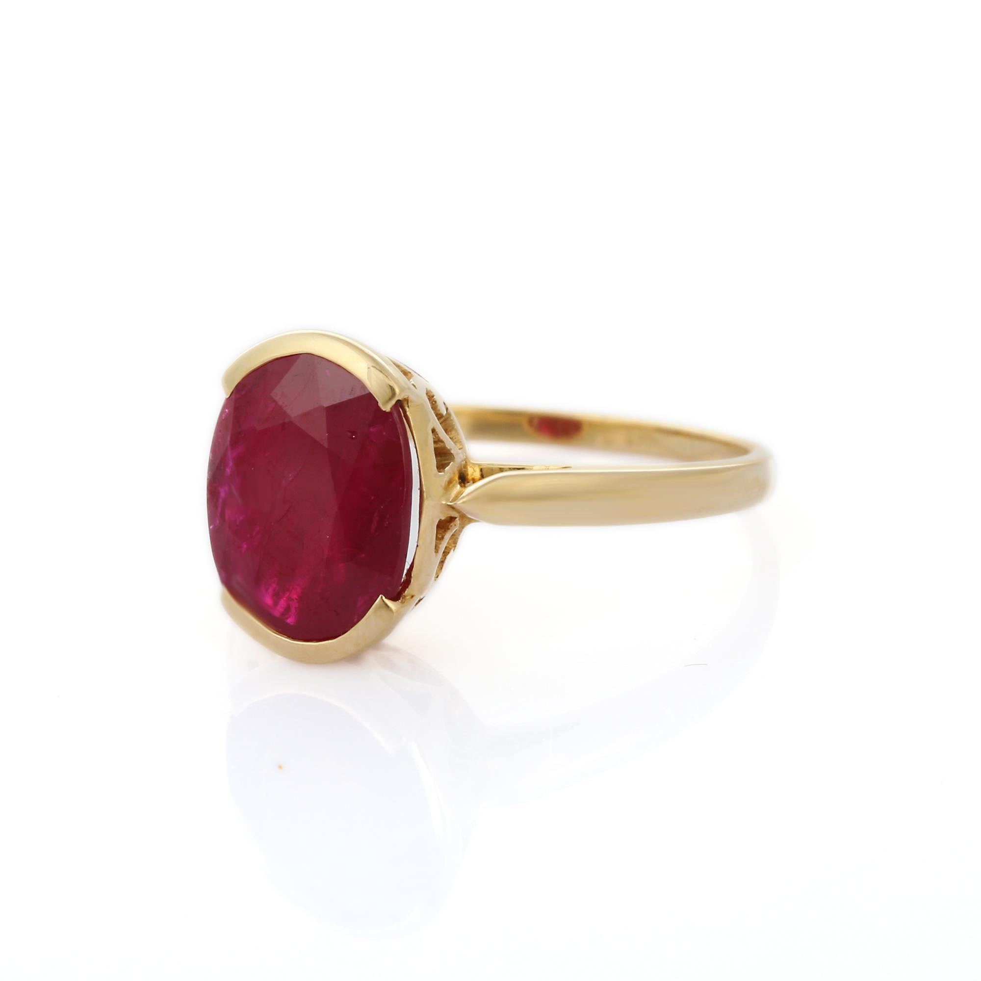 For Sale:  Contemporary Style 3.59 Carat Ruby Oval Cut Cocktail Ring in 14K Yellow Gold   5