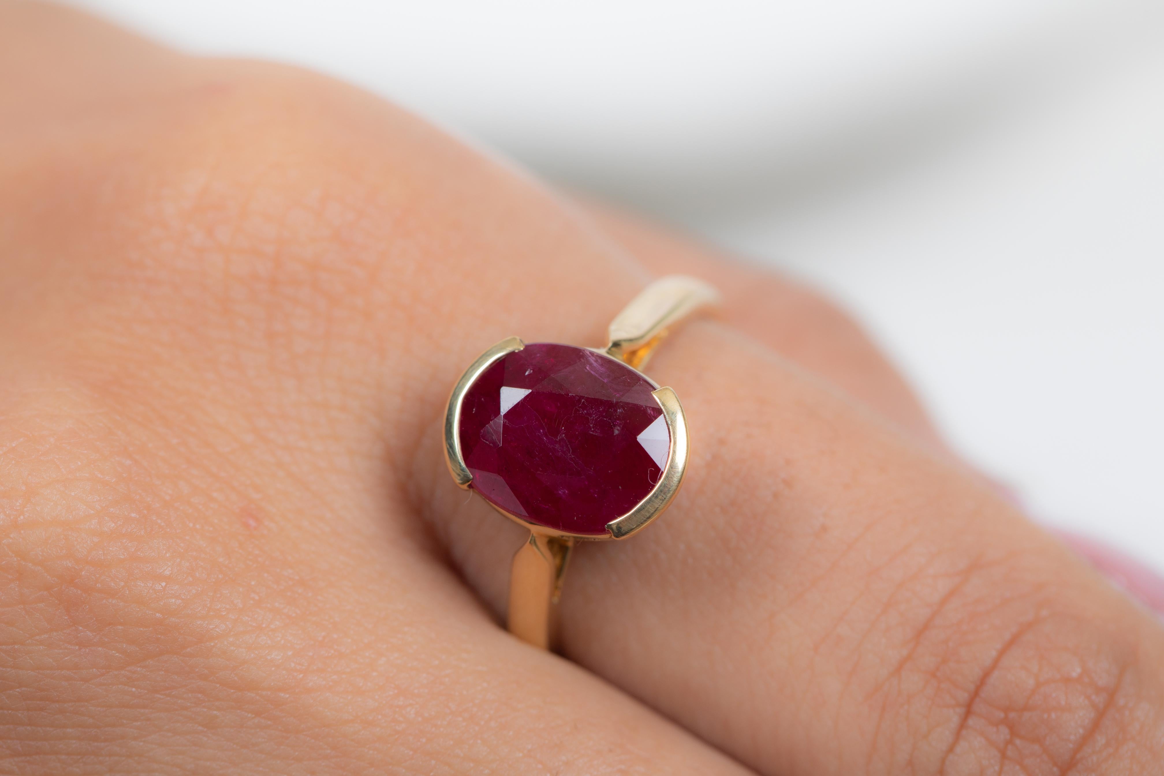 For Sale:  Contemporary Style 3.59 Carat Ruby Oval Cut Cocktail Ring in 14K Yellow Gold   2