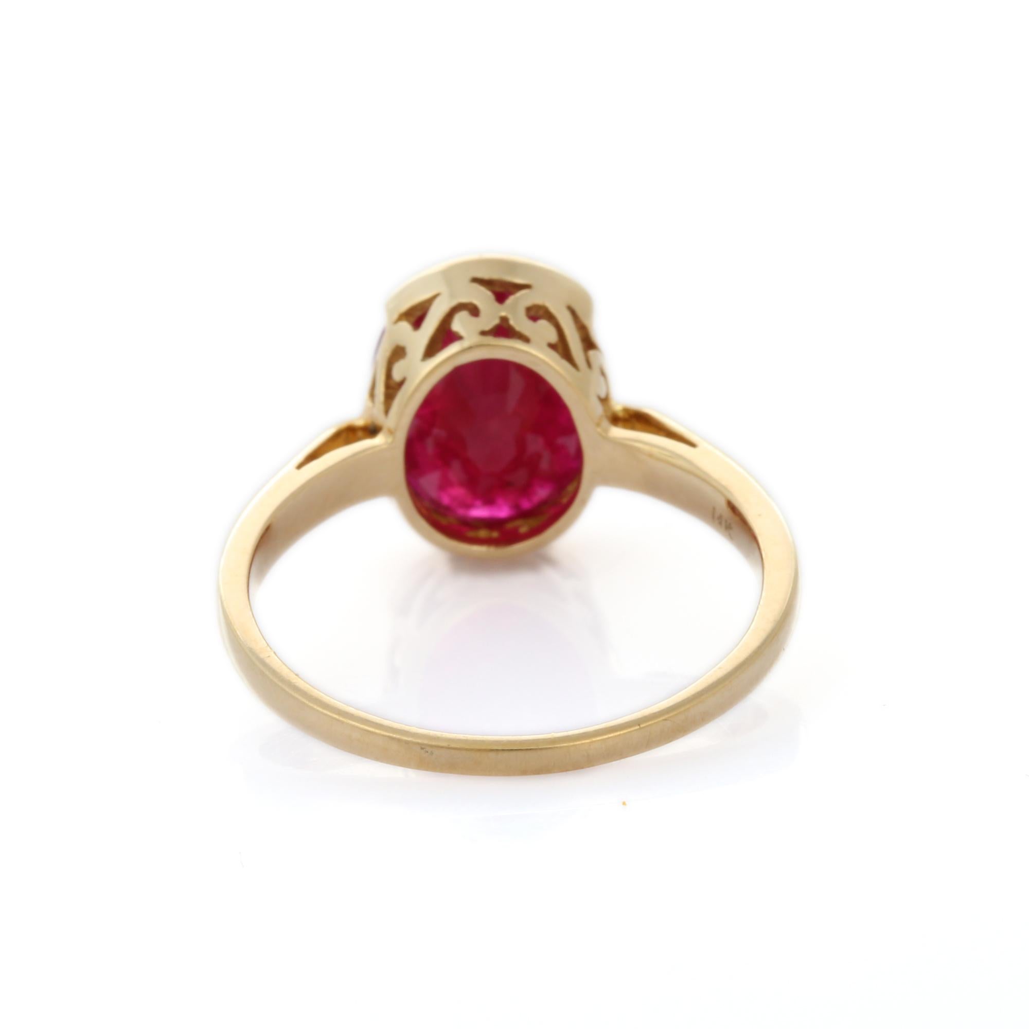 For Sale:  Contemporary Style 3.59 Carat Ruby Oval Cut Cocktail Ring in 14K Yellow Gold   7