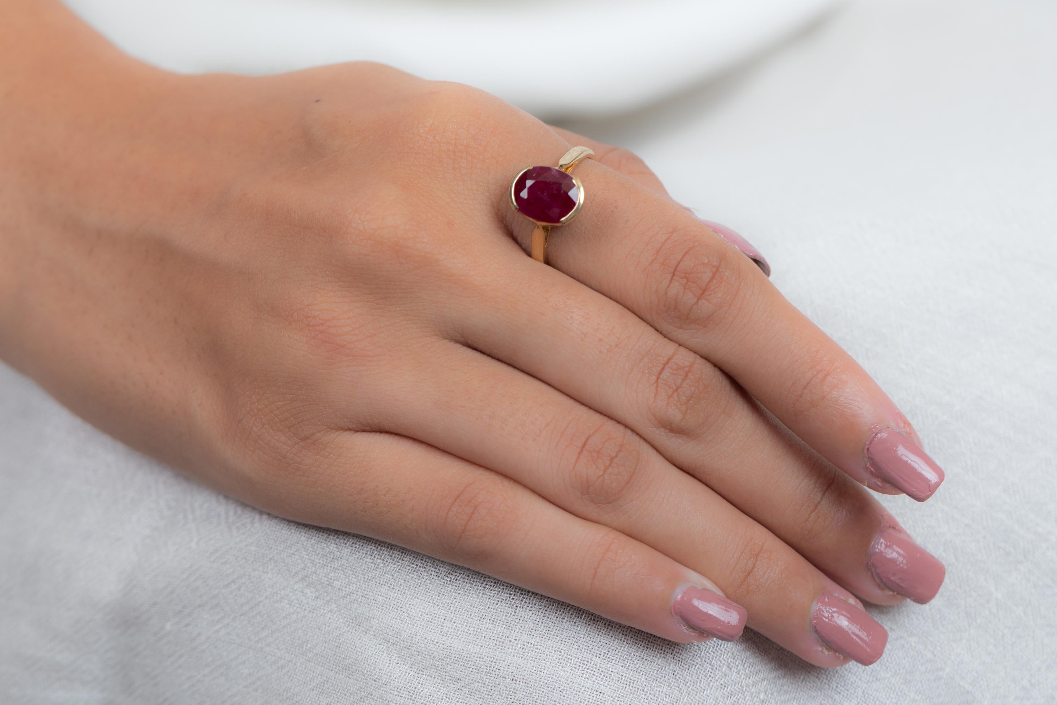 For Sale:  Contemporary Style 3.59 Carat Ruby Oval Cut Cocktail Ring in 14K Yellow Gold   12