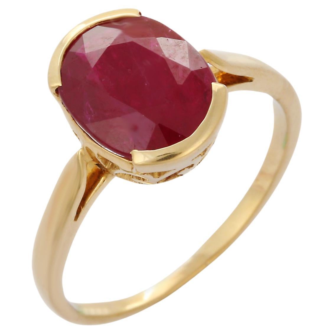 For Sale:  Contemporary Style 3.59 Carat Ruby Oval Cut Cocktail Ring in 14K Yellow Gold