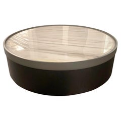 Modern Circular Drum Coffee Table Polished Marble and Hammered Bronze Metal