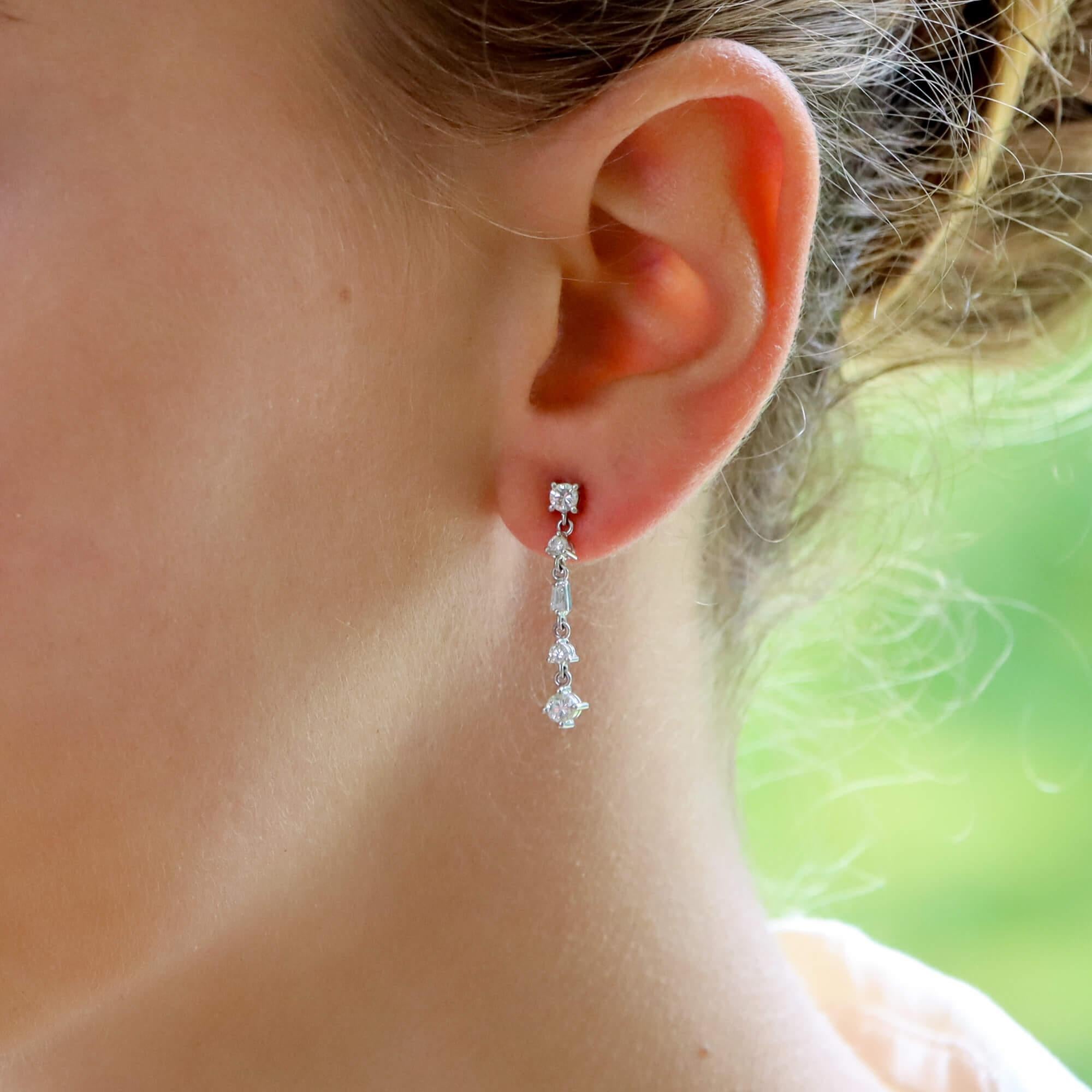 Women's or Men's Contemporary Style Diamond Drop Earrings Set in 14k White Gold