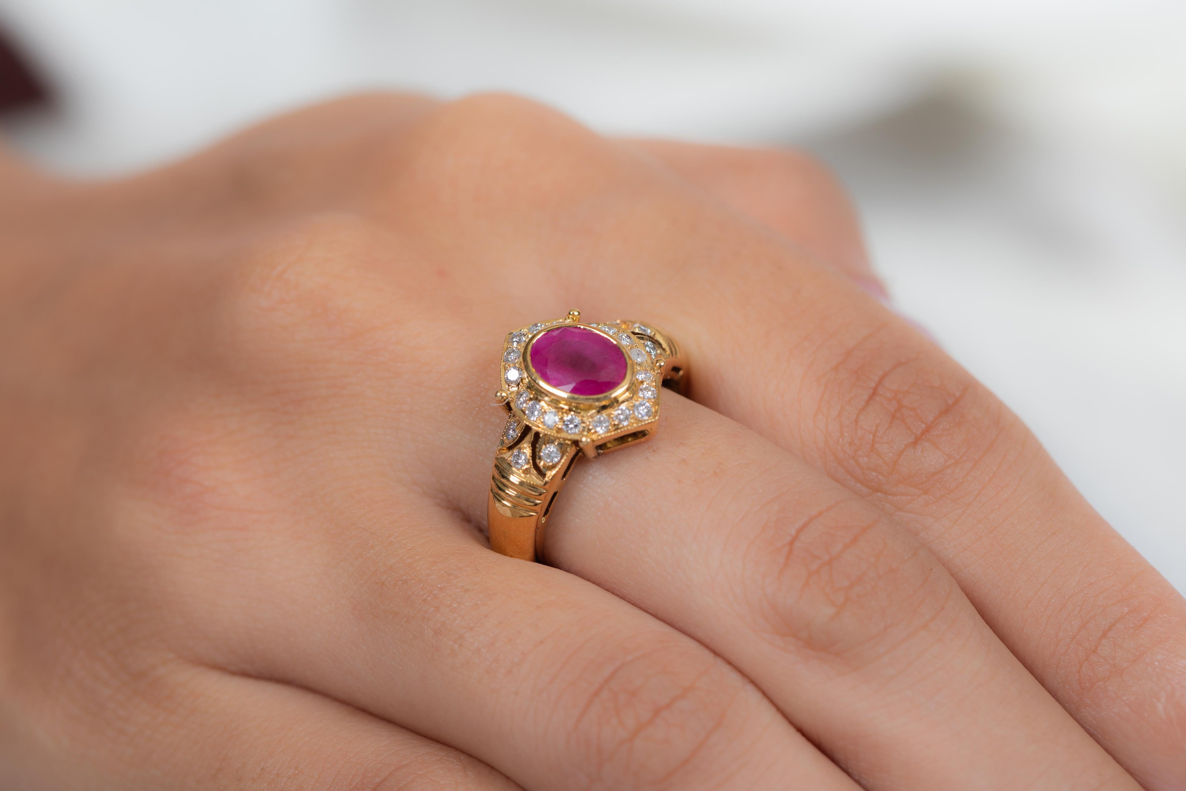For Sale:  Contemporary Style Diamond Ruby Ring in 18K Yellow Gold 7
