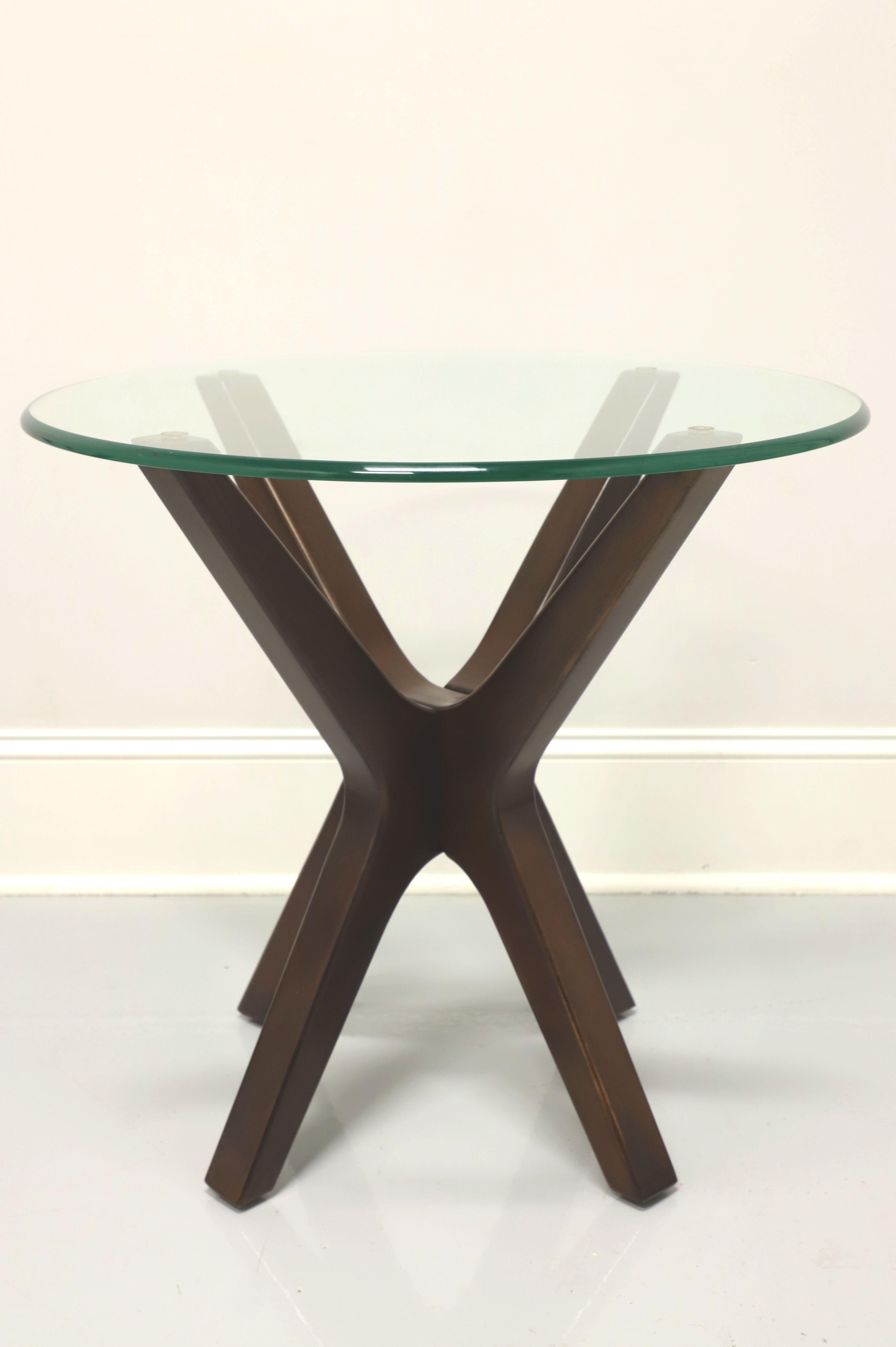 A pair of Contemporary glass top end tables in the style of a classic mid century design by Adrian Pearsall, unbranded. Mahogany base in a crossed 