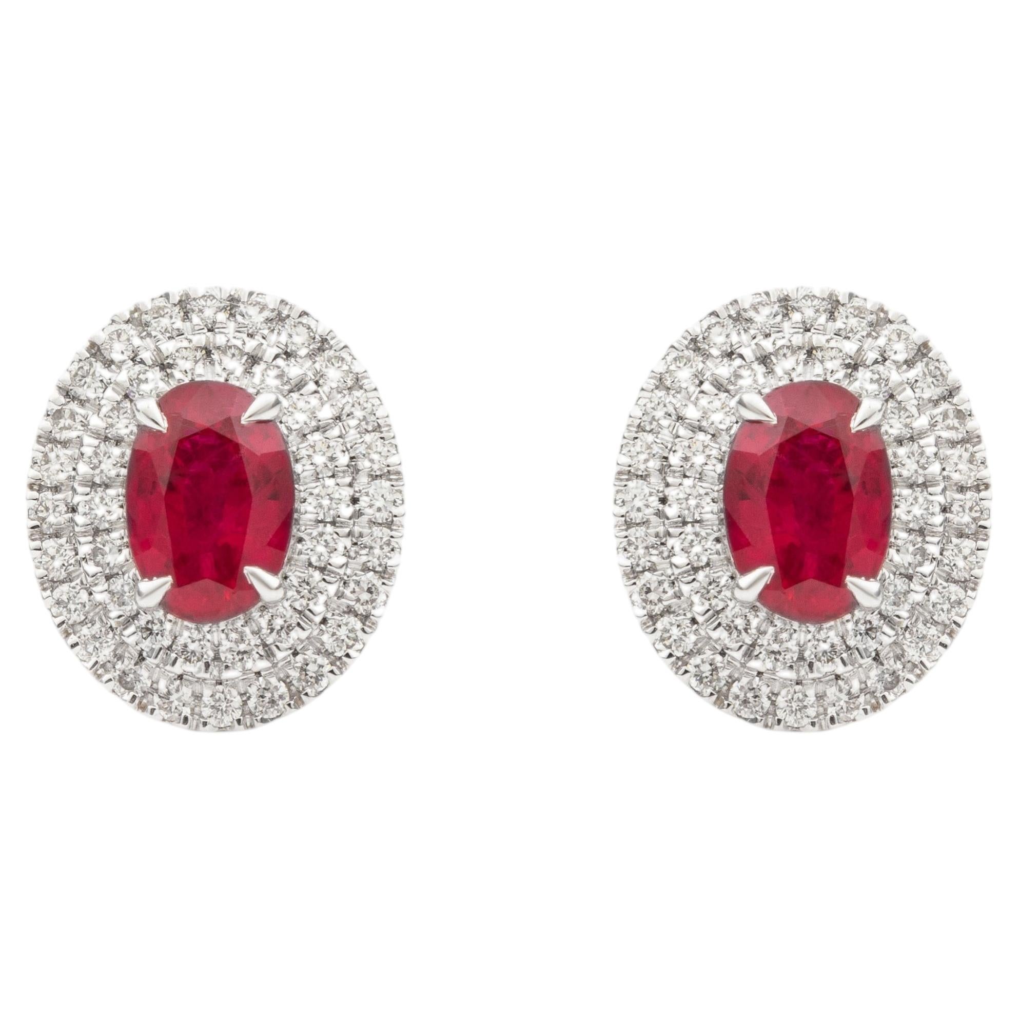 Natural Oval-Cut Ruby & Diamond Double Halo Studs in 18K Gold Contemporary Style