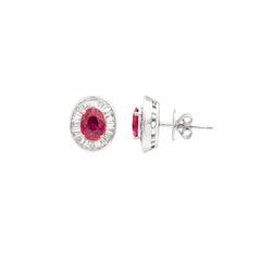 Contemporary Style Ruby & Diamond Ballerina Halo Stud Earrings in 18K White Gold