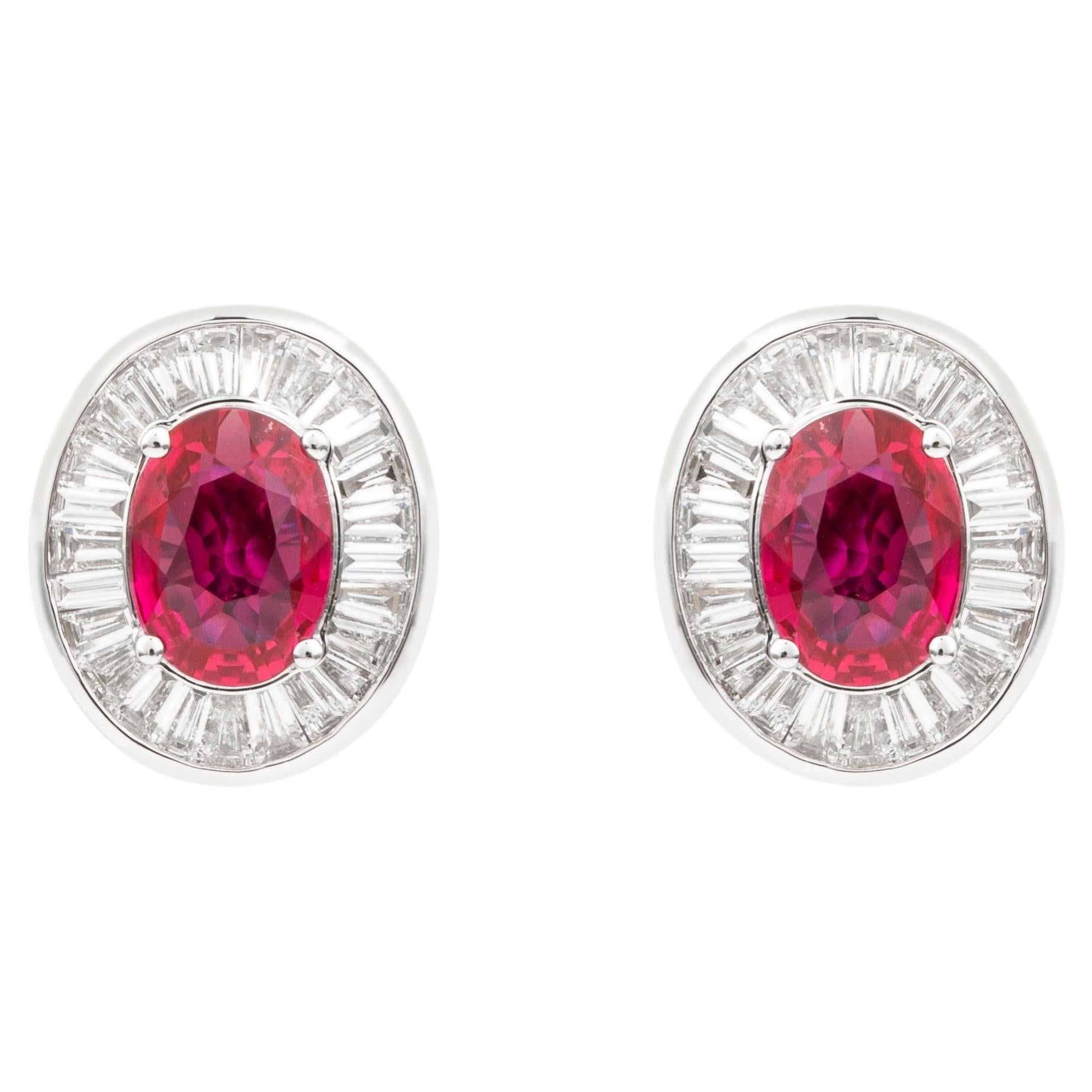 Contemporary Style Ballerina Halo Ruby & Diamond Stud Earrings in 18K White Gold For Sale