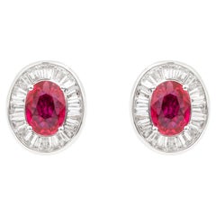 Contemporary Style Ruby & Diamond Ballerina Halo Stud Earrings in 18K White Gold
