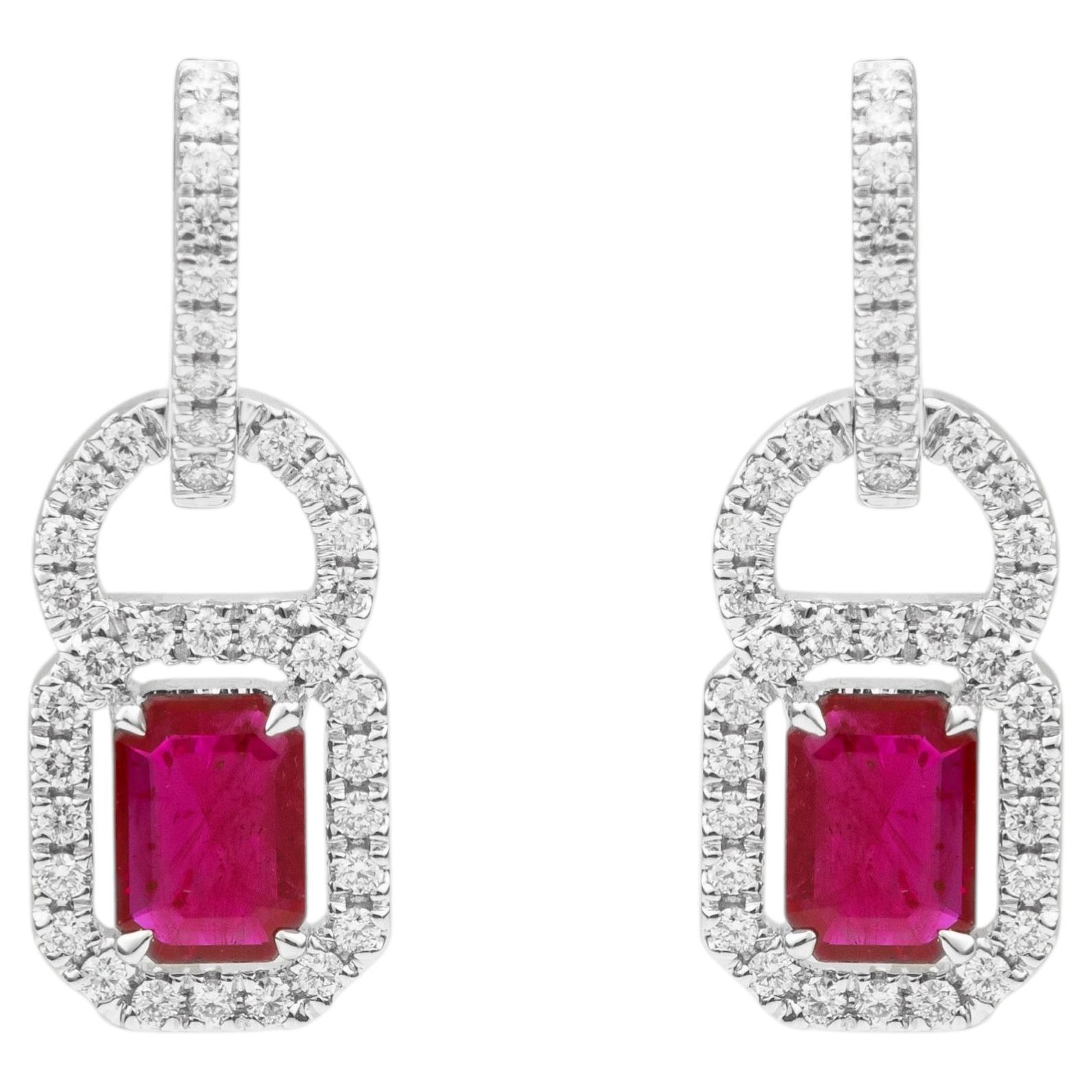 Contemporary Style Ruby Diamond Halo Drop Earrings with Loop Set in White Gold