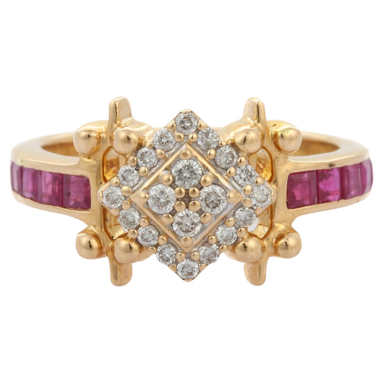 Bague traditionnelle de style contemporain en or jaune 18 carats avec diamants et rubis  