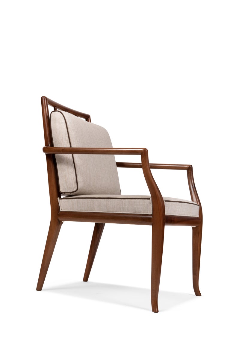 Polished Contemporary Style Walnut Frame Dining Chair with Armrests, Made in Italy For Sale