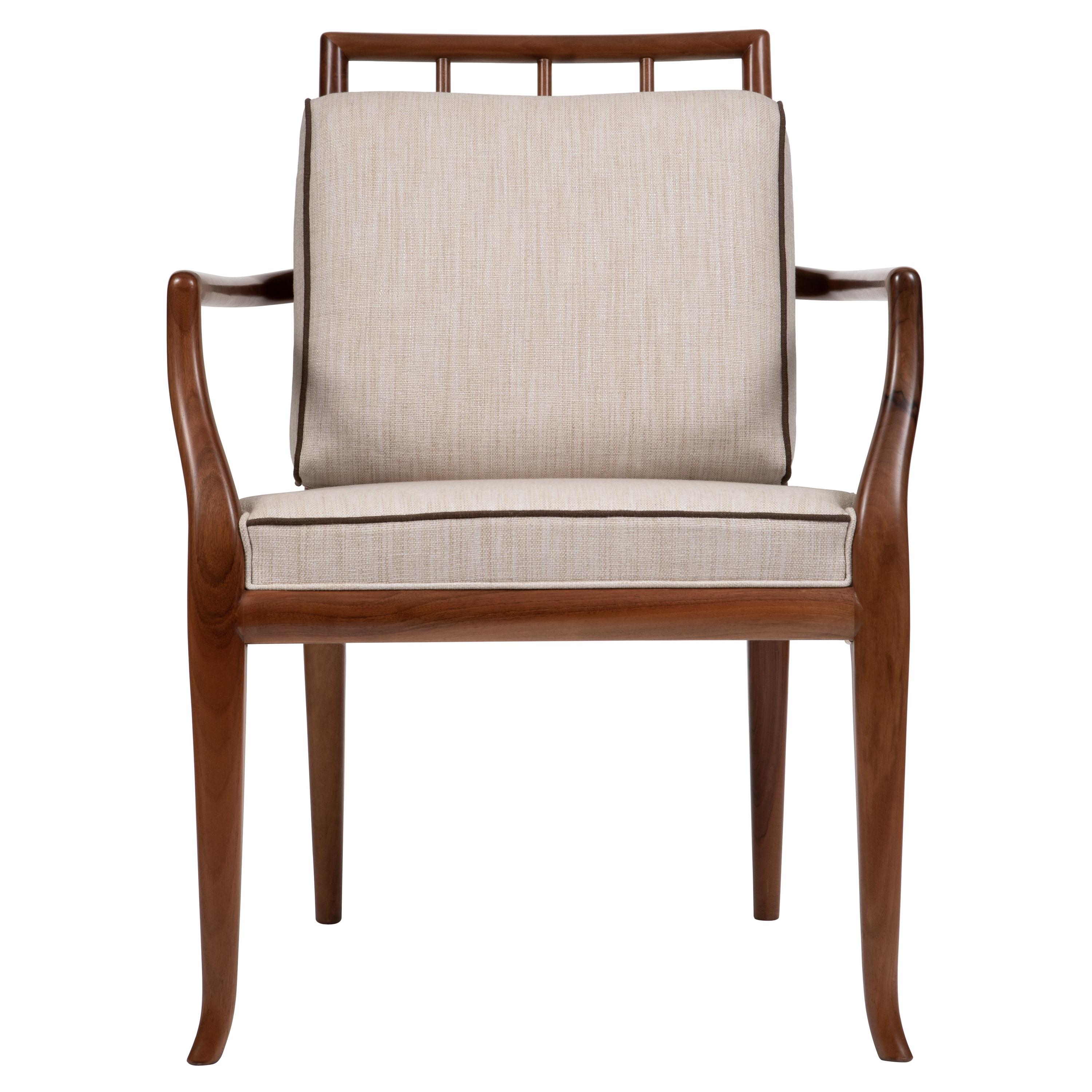 Contemporary Style Walnut Frame Dining Chair with Armrests, Made in Italy