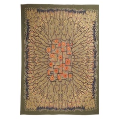 Contemporary Style Wool Rug in Green and Orange Geometric-Floral Pattern