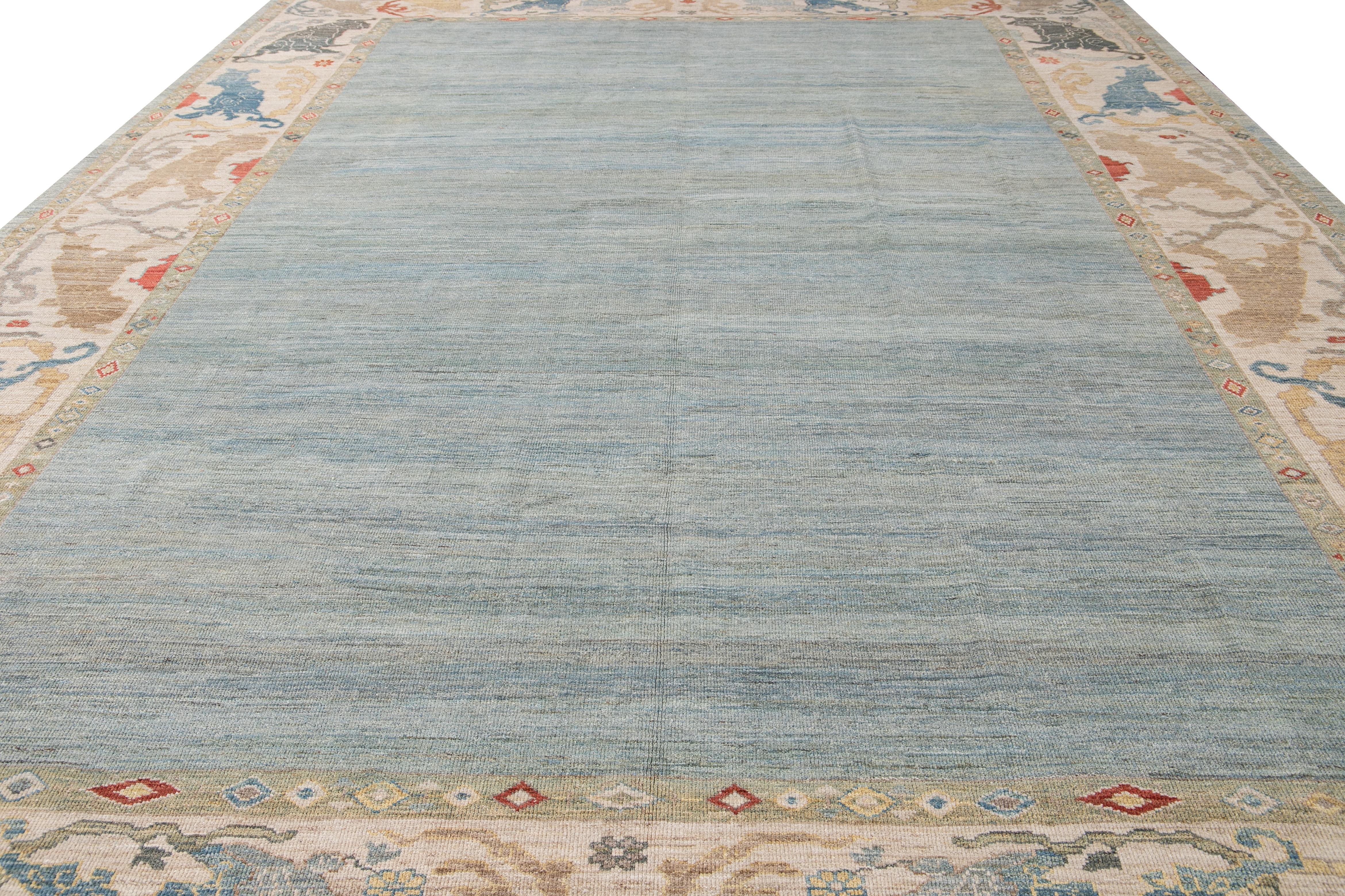 Persian Contemporary Sultanabad Blue and Beige Handmade Designed Oversize Wool Rug For Sale