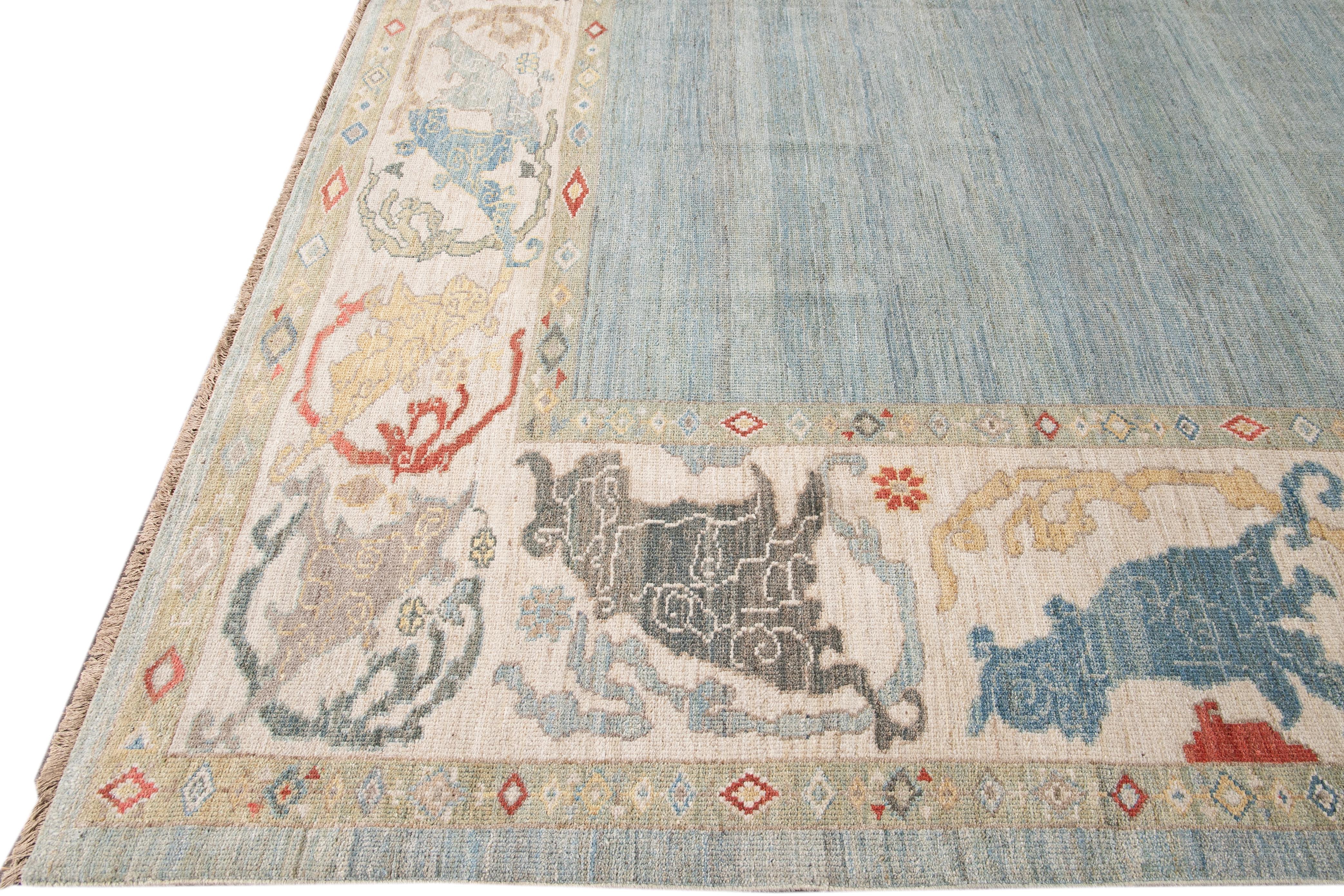 Hand-Knotted Contemporary Sultanabad Blue and Beige Handmade Designed Oversize Wool Rug For Sale