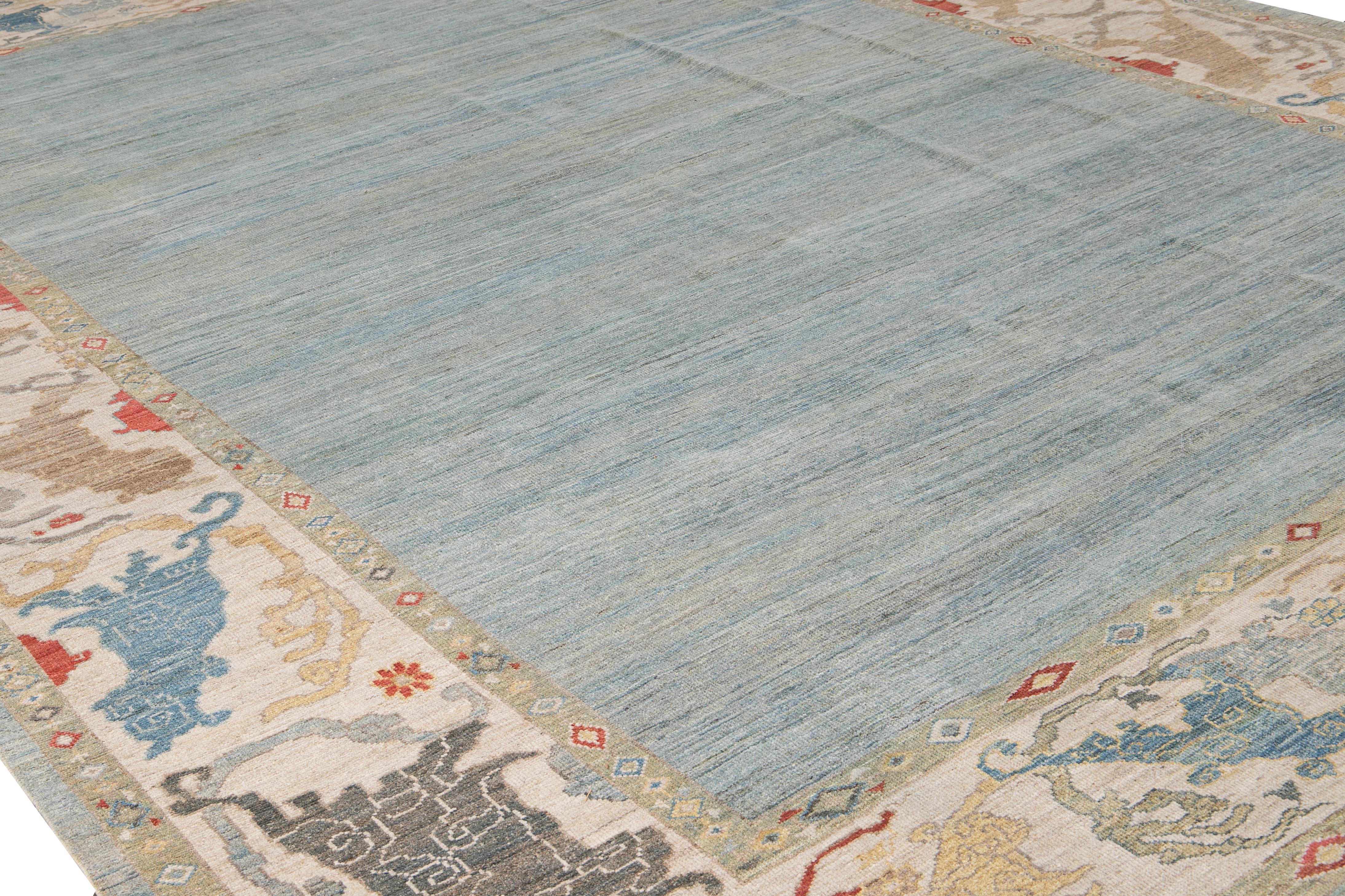 Contemporary Sultanabad Blue and Beige Handmade Designed Oversize Wool Rug For Sale 2