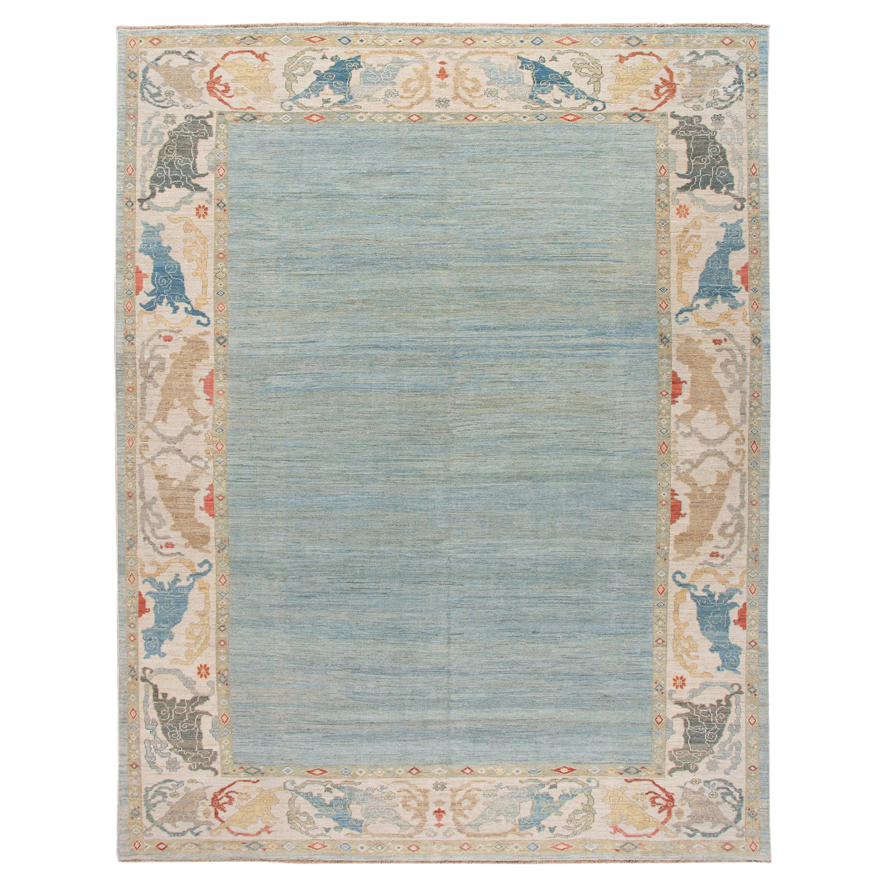 Contemporary Sultanabad Blue and Beige Handmade Designed Oversize Wool Rug