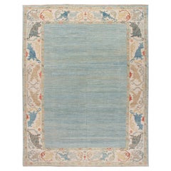 Alfombra contemporánea de lana Sultanabad azul y beige de gran tamaño diseñada a mano