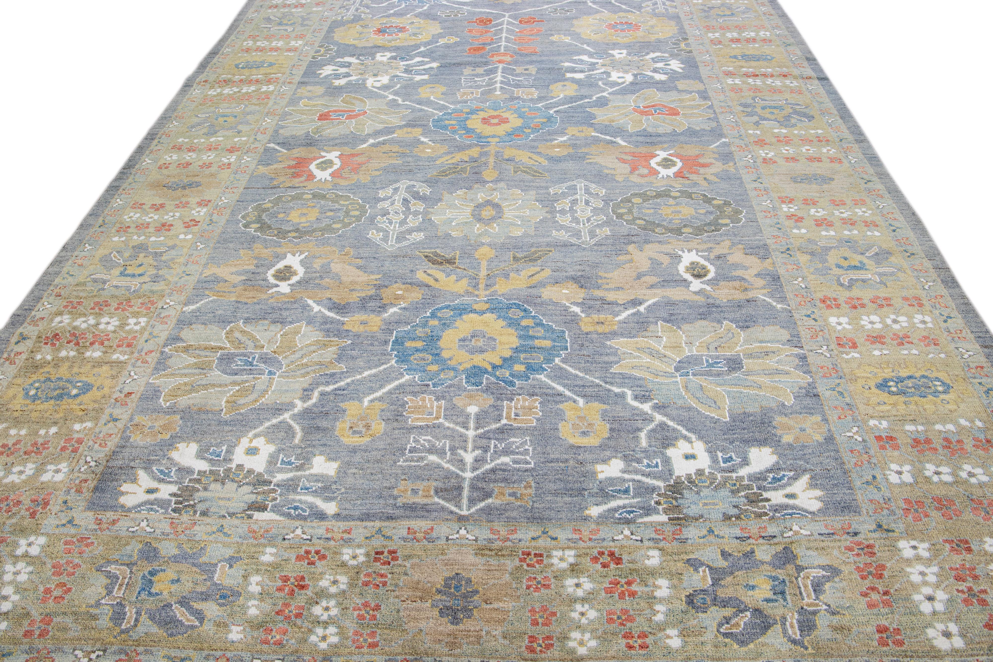 Persian Contemporary Sultanabad Blue Handmade Floral Motif Wool Rug For Sale