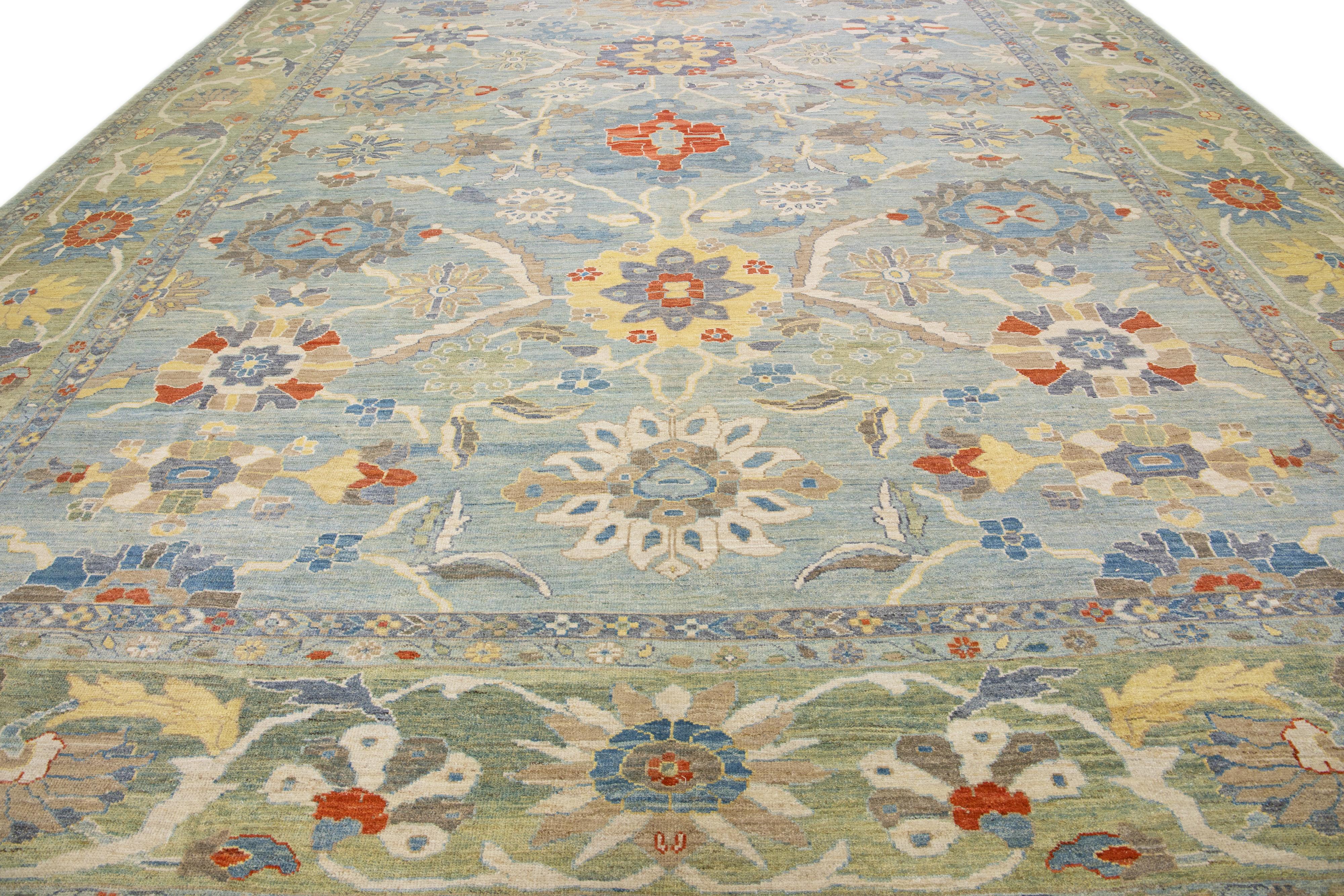 Persian Contemporary Sultanabad Blue Handmade Floral Motif Wool Rug For Sale