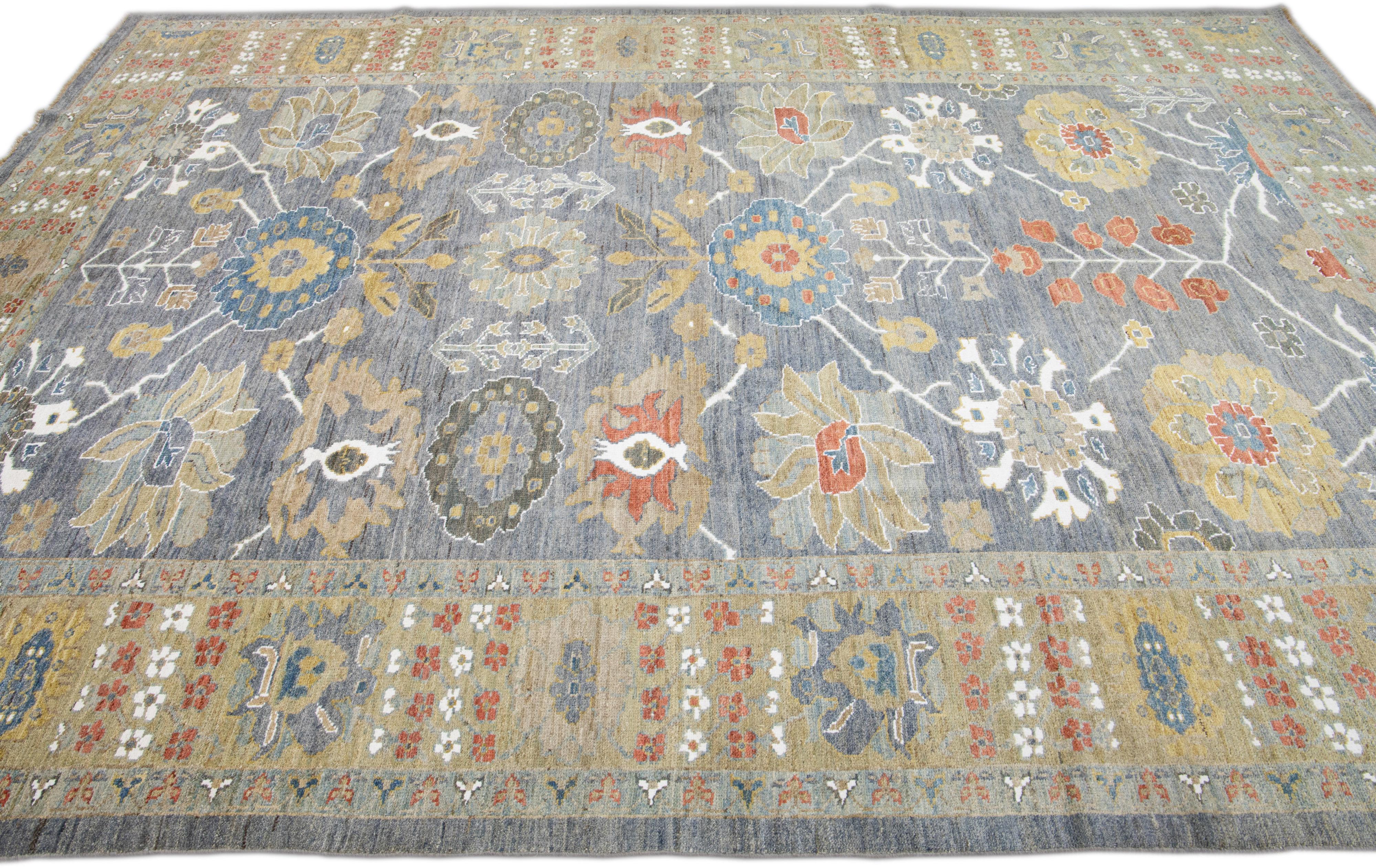 Zeitgenössischer Sultanabad Blauer handgefertigter Wollteppich mit Blumenmotiv (Handgeknüpft) im Angebot